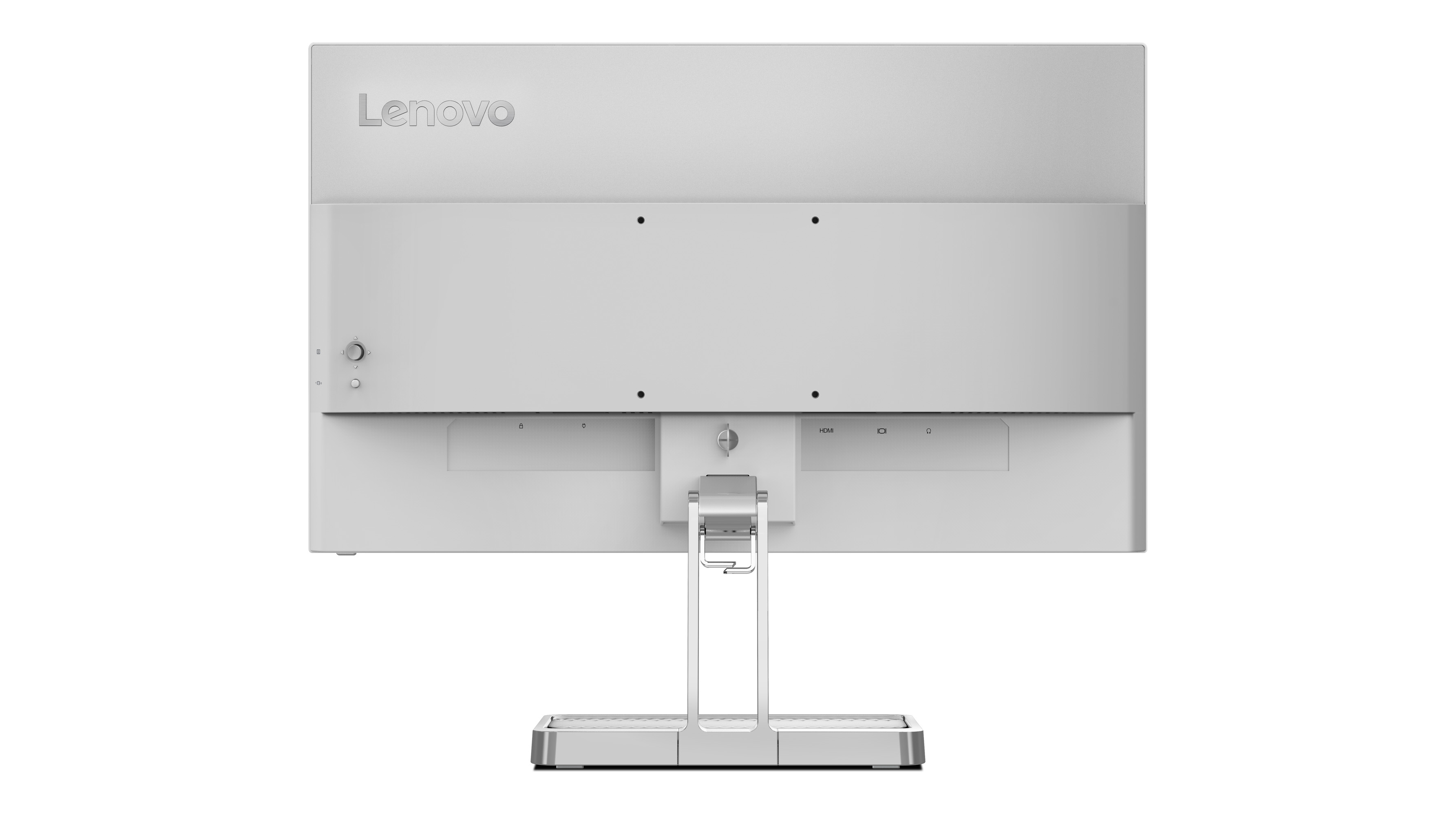 Beyaz bir Lenovo monitörün arkası, bağlantıları ve standı gösteriyor.