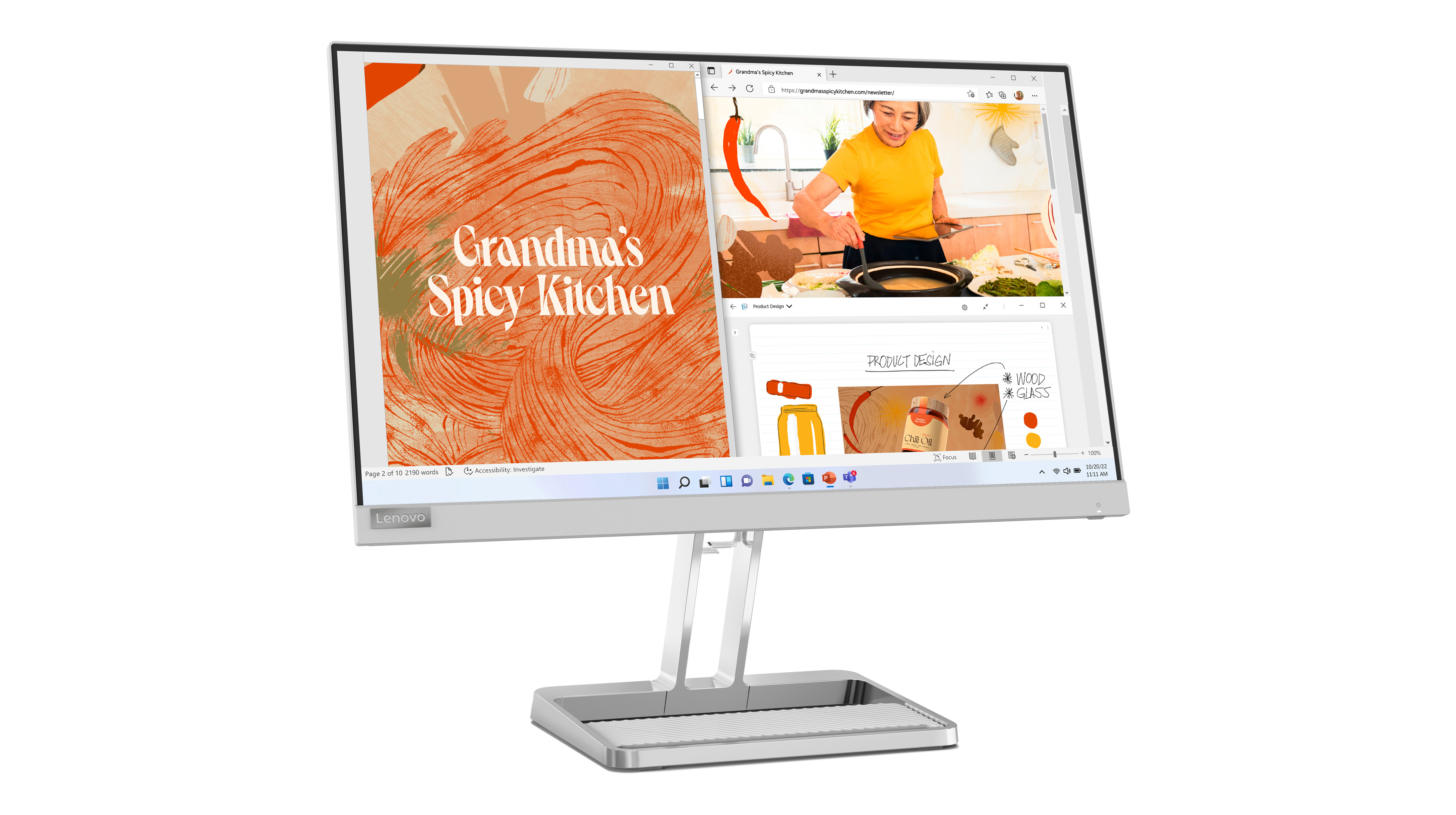 Bir bilgisayar monitörü, bir yemek pişirme videosu dahil olmak üzere metin ve resimlerle çoklu pencereler gösterir.