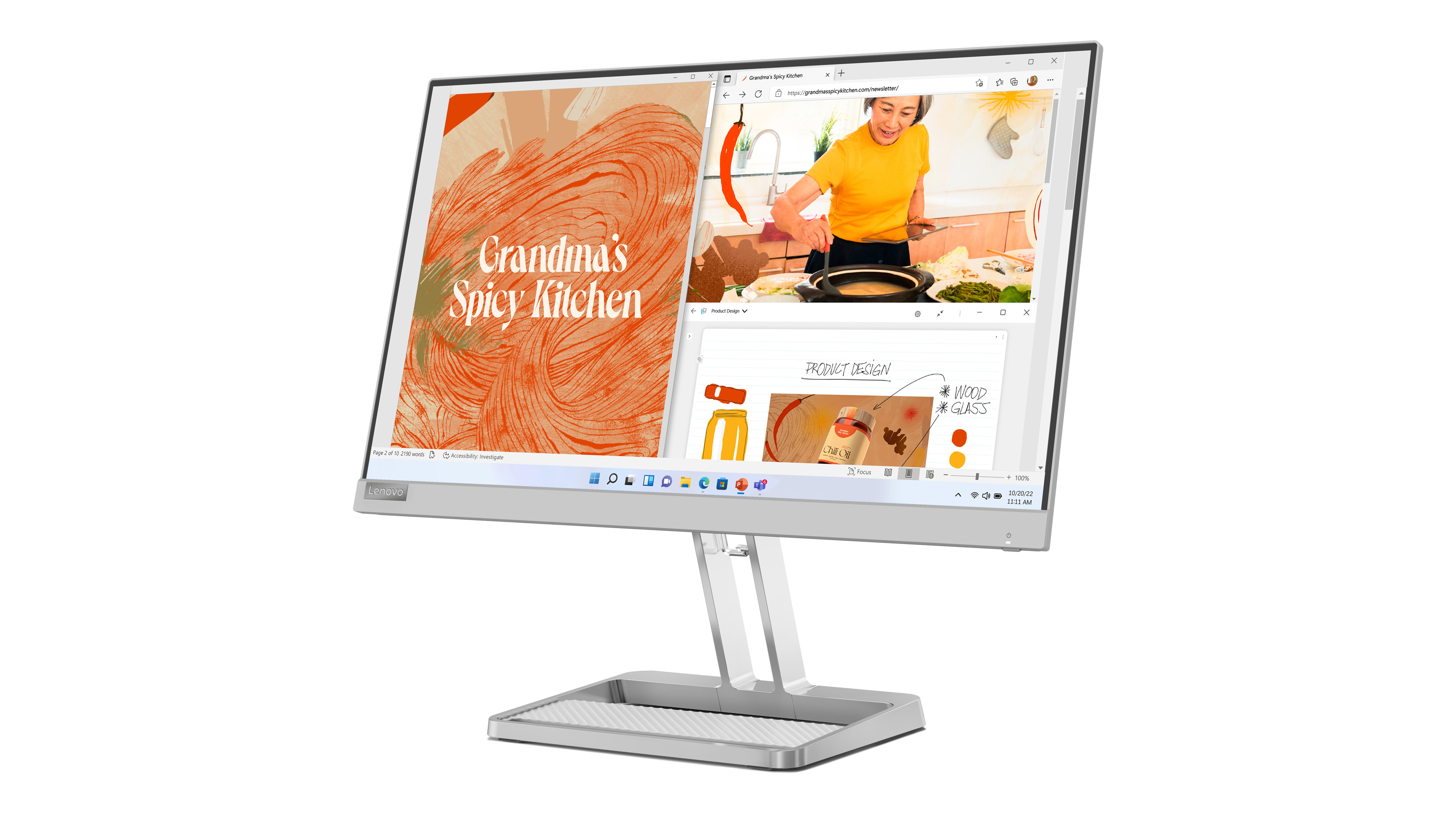 Sarı gömlekli bir kadınla yemek tarifleri içeren bir web sayfası gösteren bilgisayar monitörü.