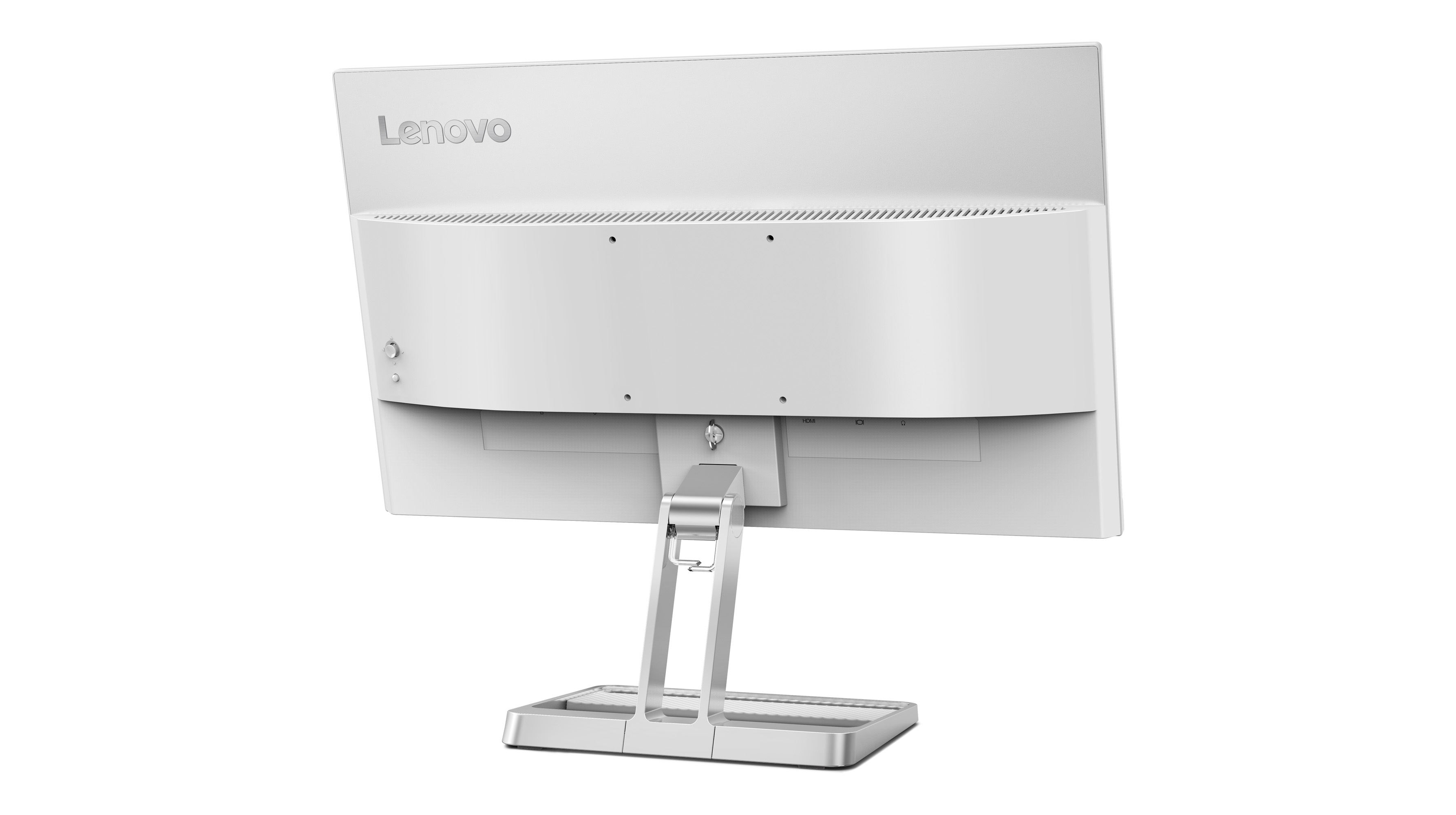 Beyaz Lenovo monitörün arkadan görünümü, bağlantı noktaları ve logo.