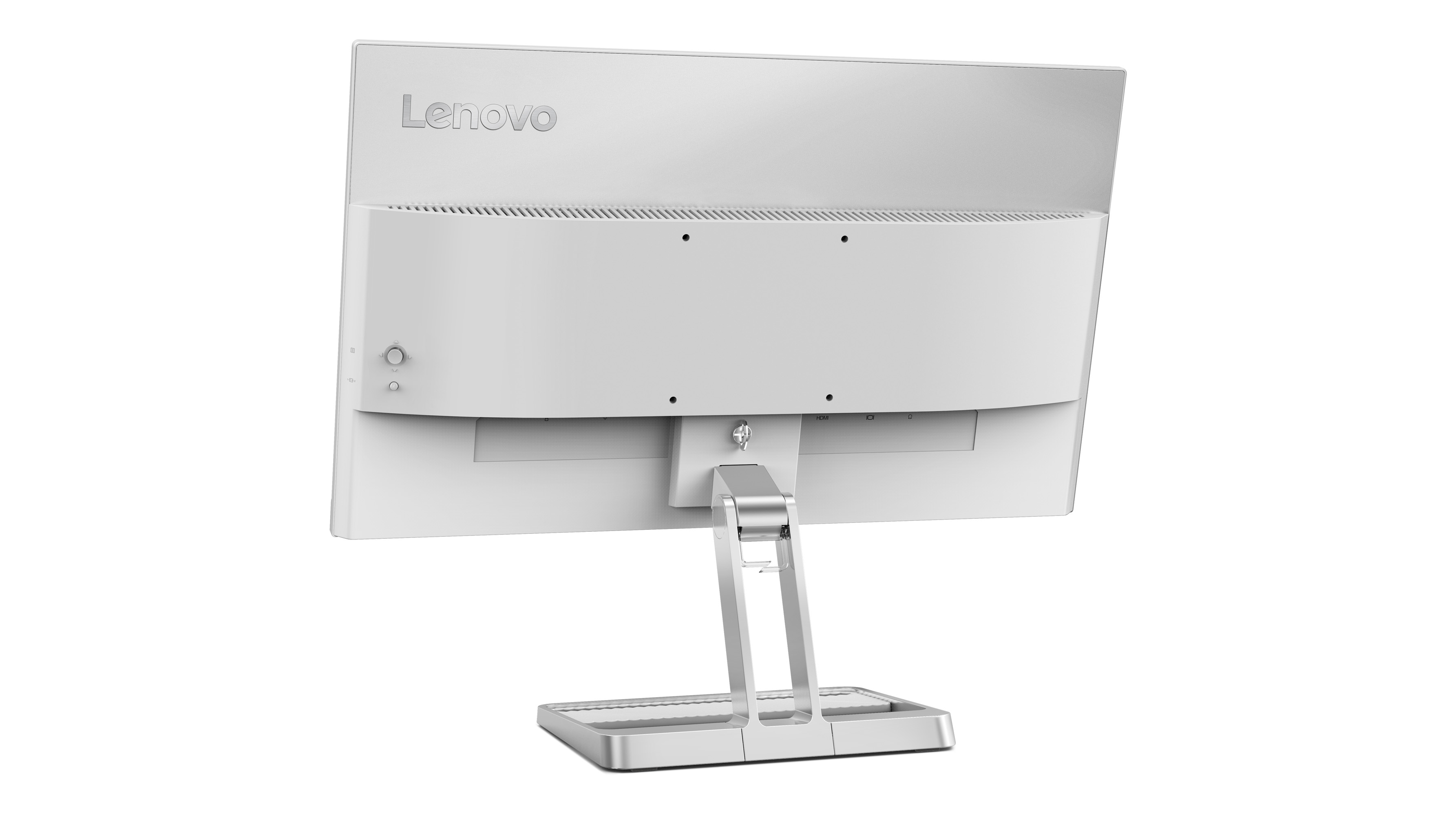 Beyaz bilgisayar monitörü arkası, Lenovo markası, stantlı.