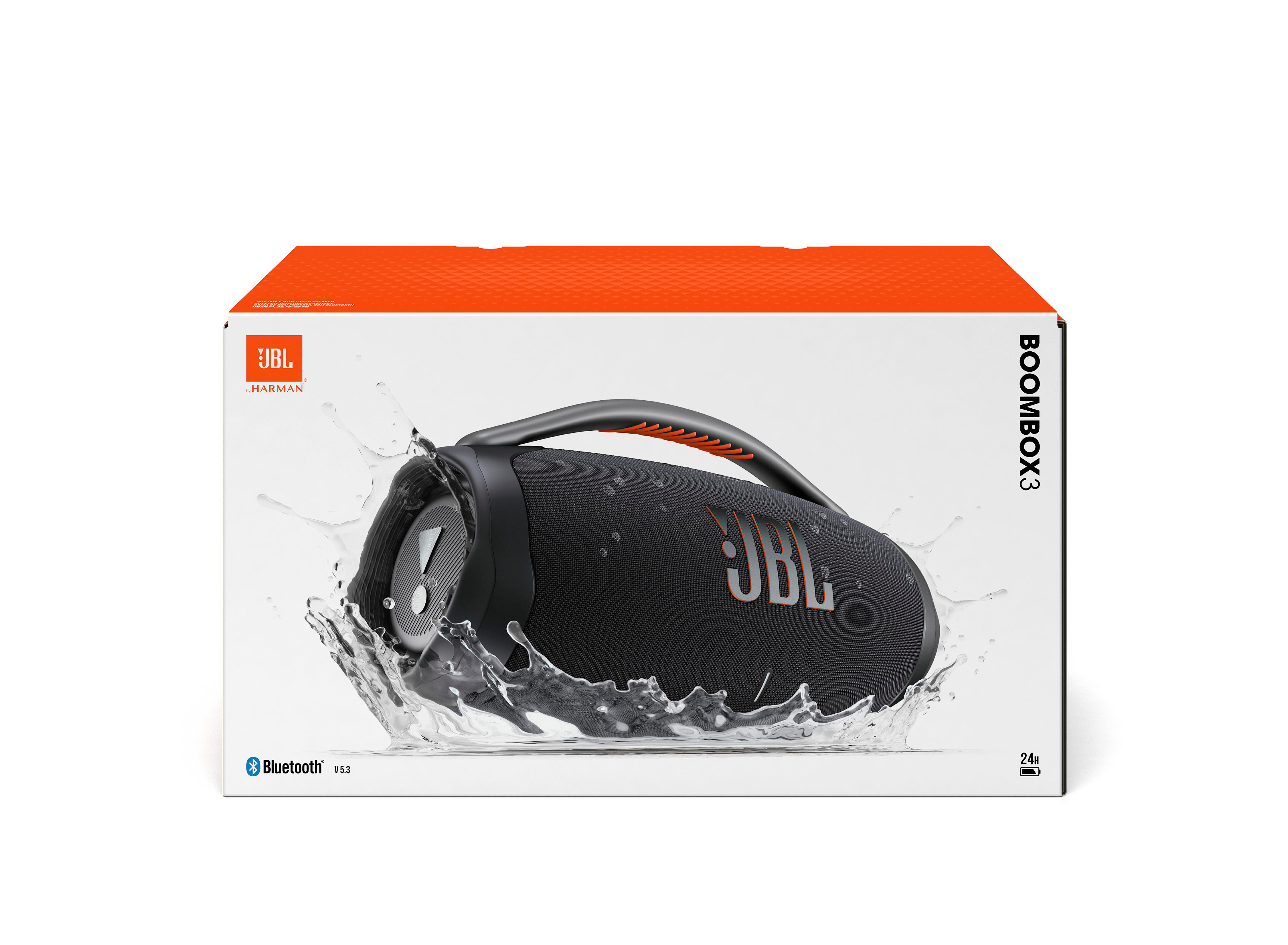 Ein JBL Boombox 3 Lautsprecher in seiner Verpackung, mit spritzendem Wasser drumherum.