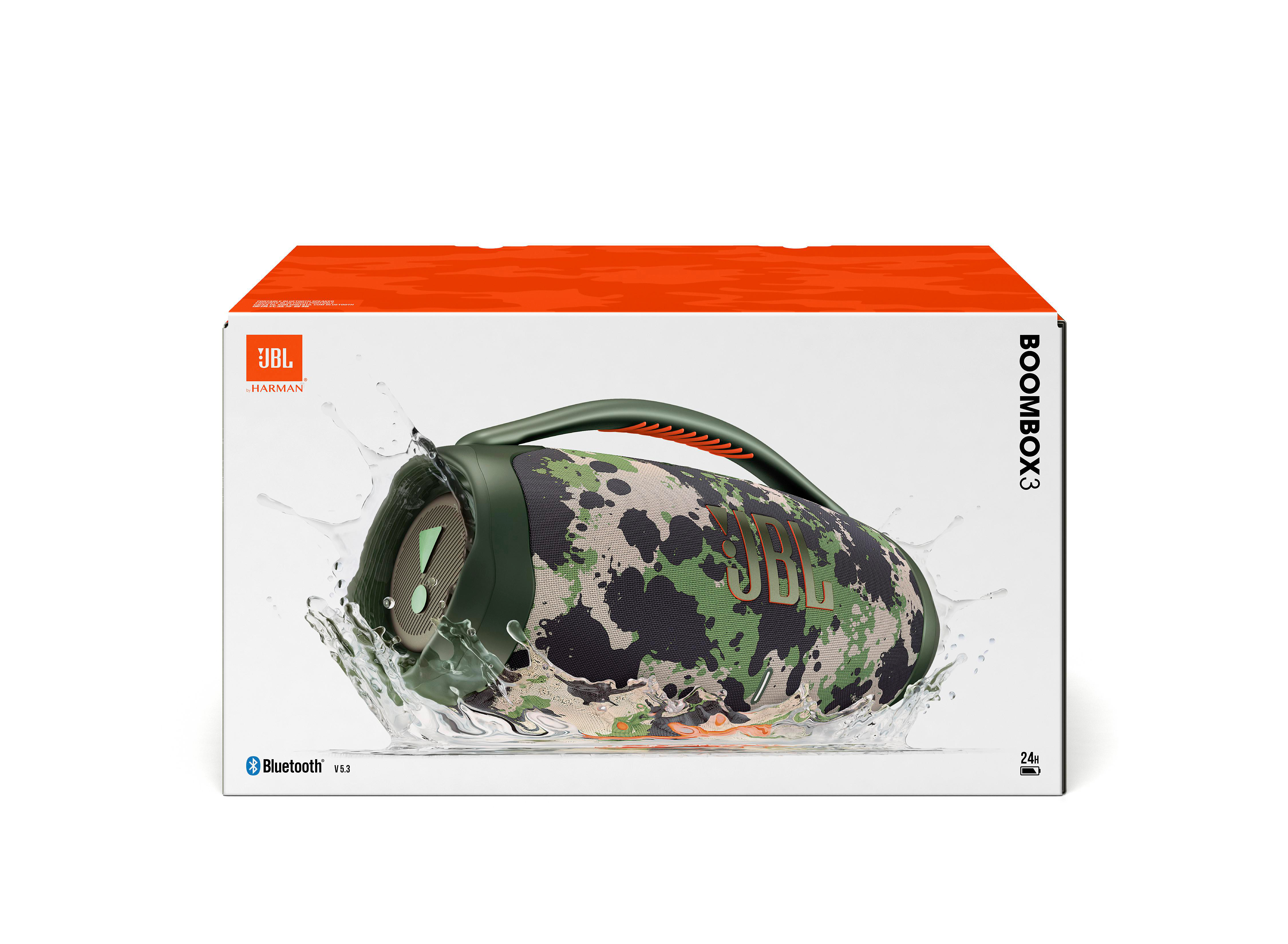 Ein JBL Boombox 3 Lautsprecher im Tarnmuster-Design.
