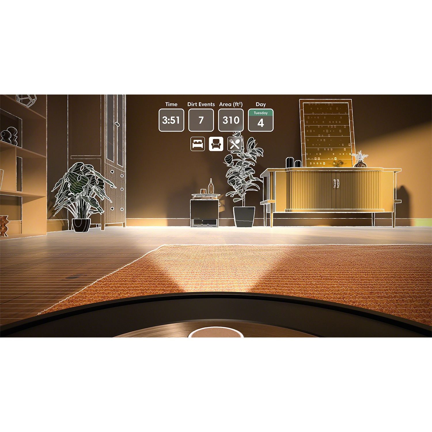 Un robot aspirapolvere che pulisce una stanza, mostrando tempo, eventi di sporco, area e giorno.