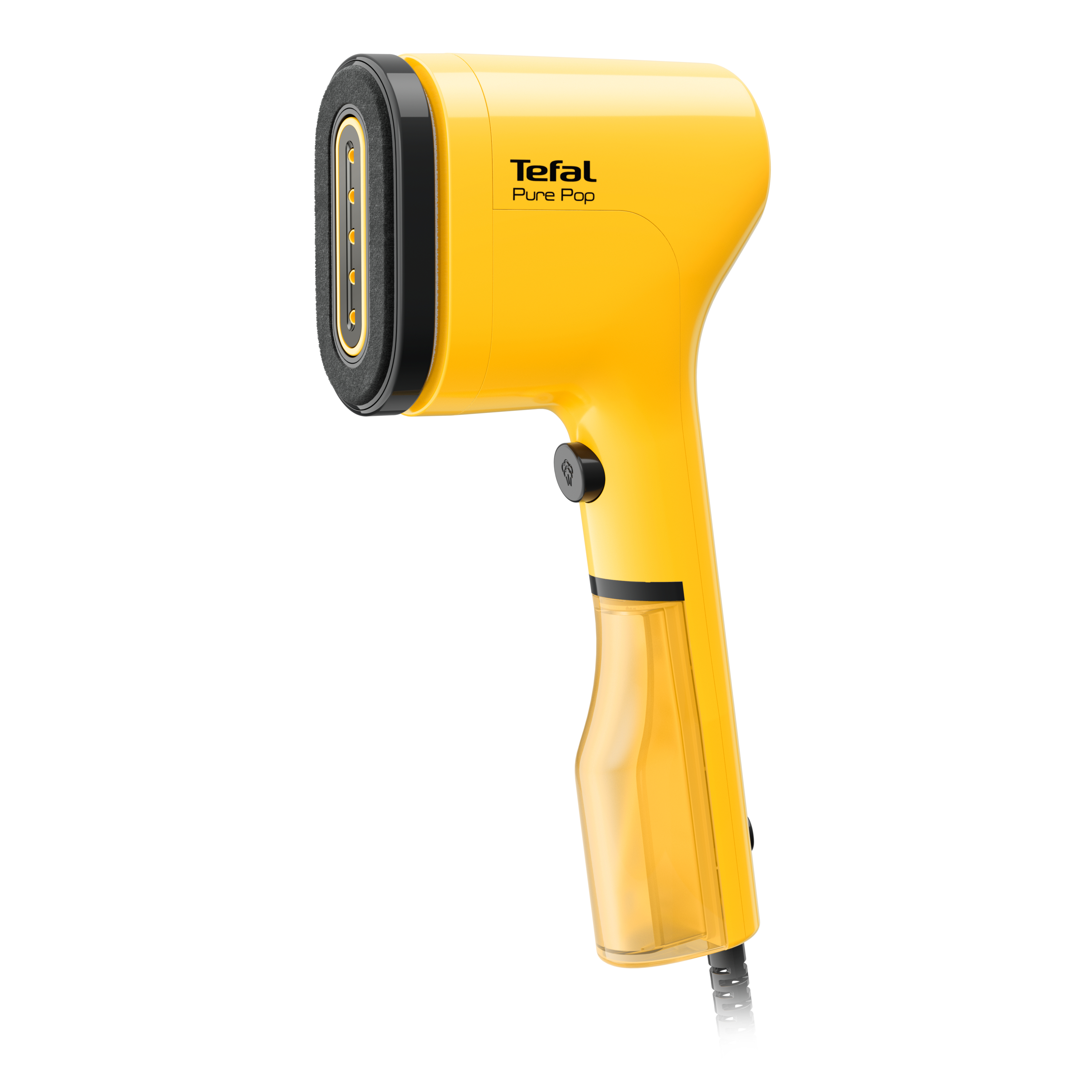 Gelber Tefal Pure Pop Dampfglätter mit schwarzen Akzenten, Griff und Wassertank.