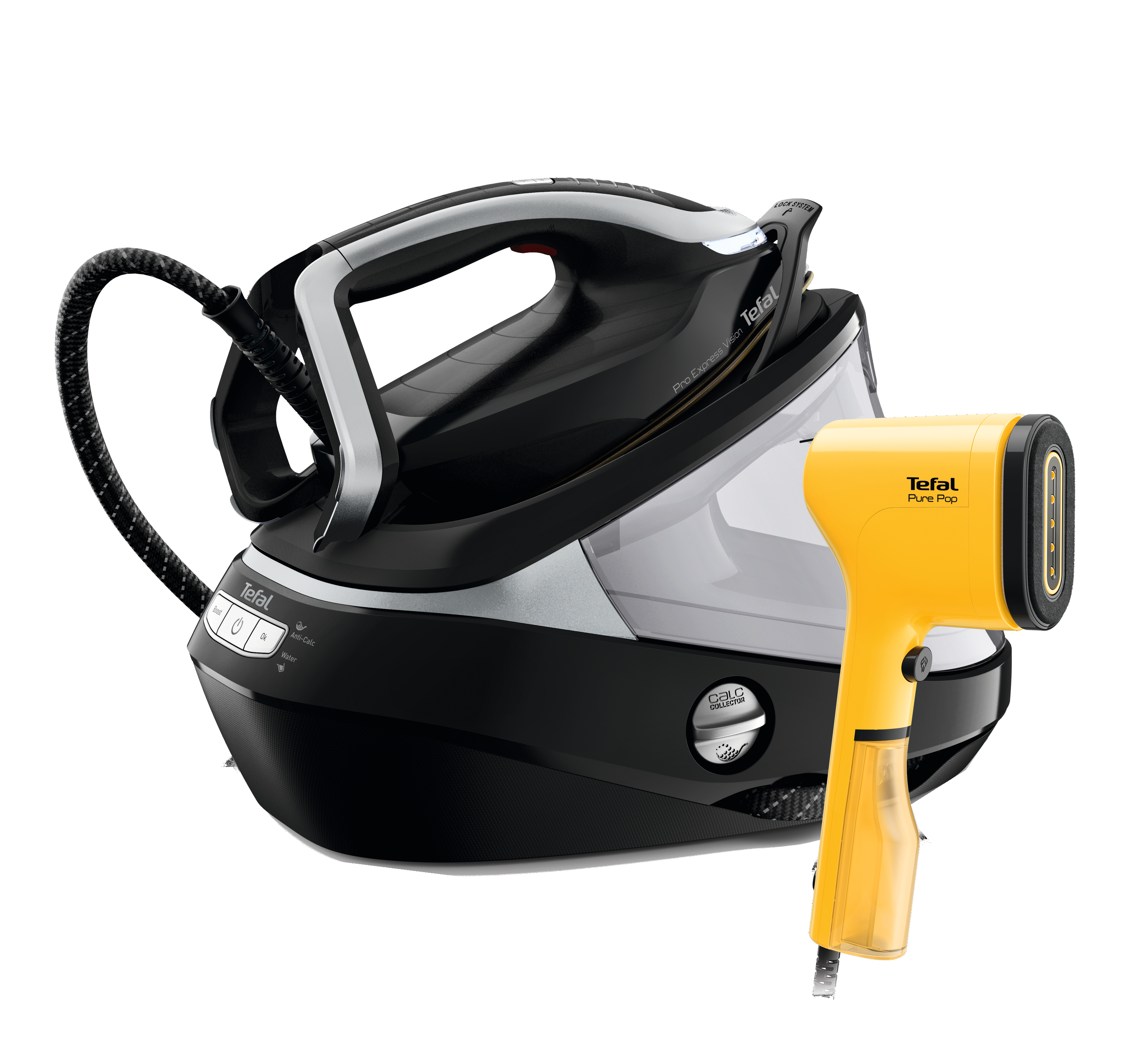 Schwarz-silbernes Bügeleisen mit gelbem Dampfgarer. Schwarzer Hintergrund.