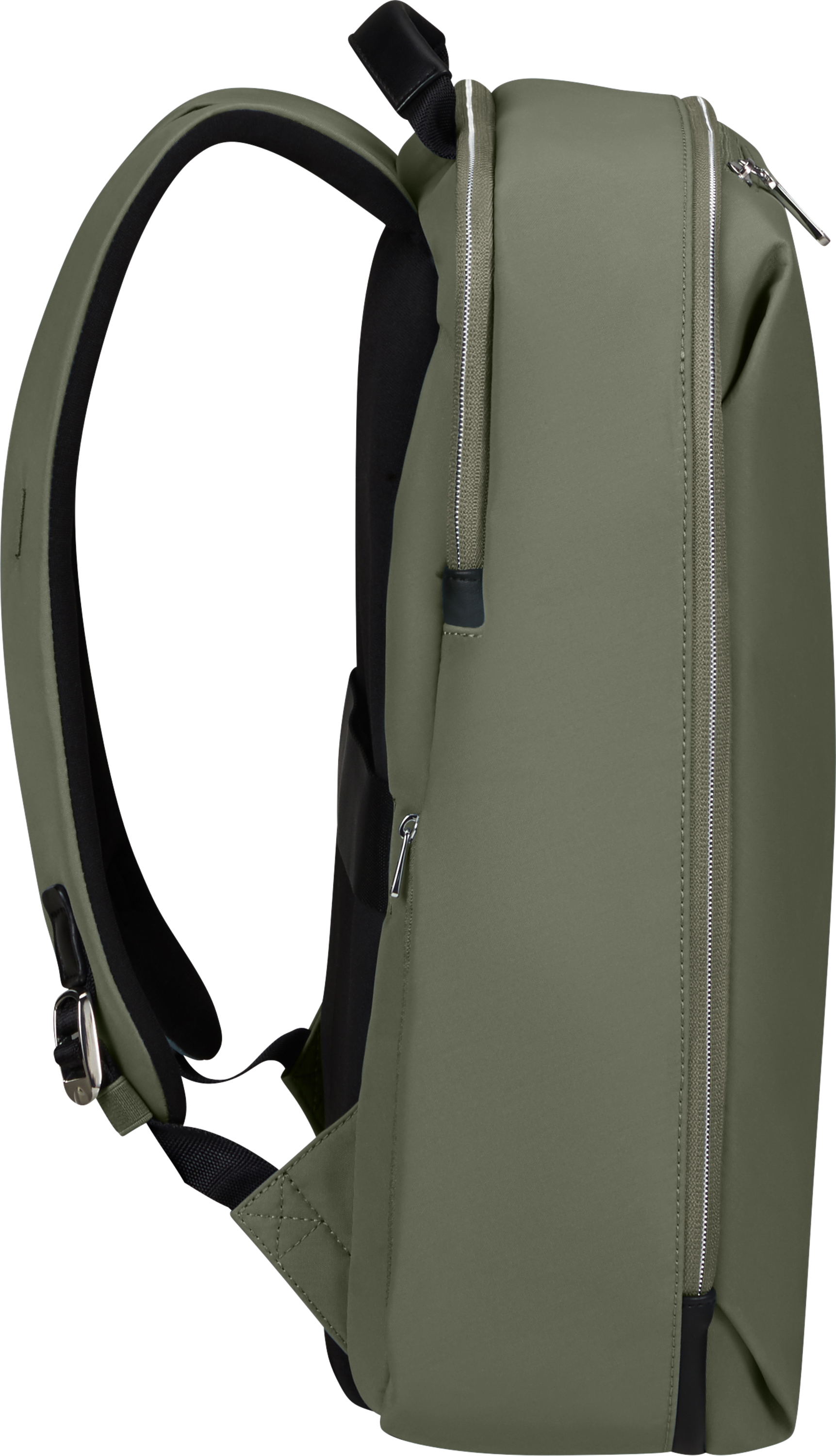 Olivgrüner Rucksack, Seitenansicht, mit schwarzen Details und Reißverschlüssen.