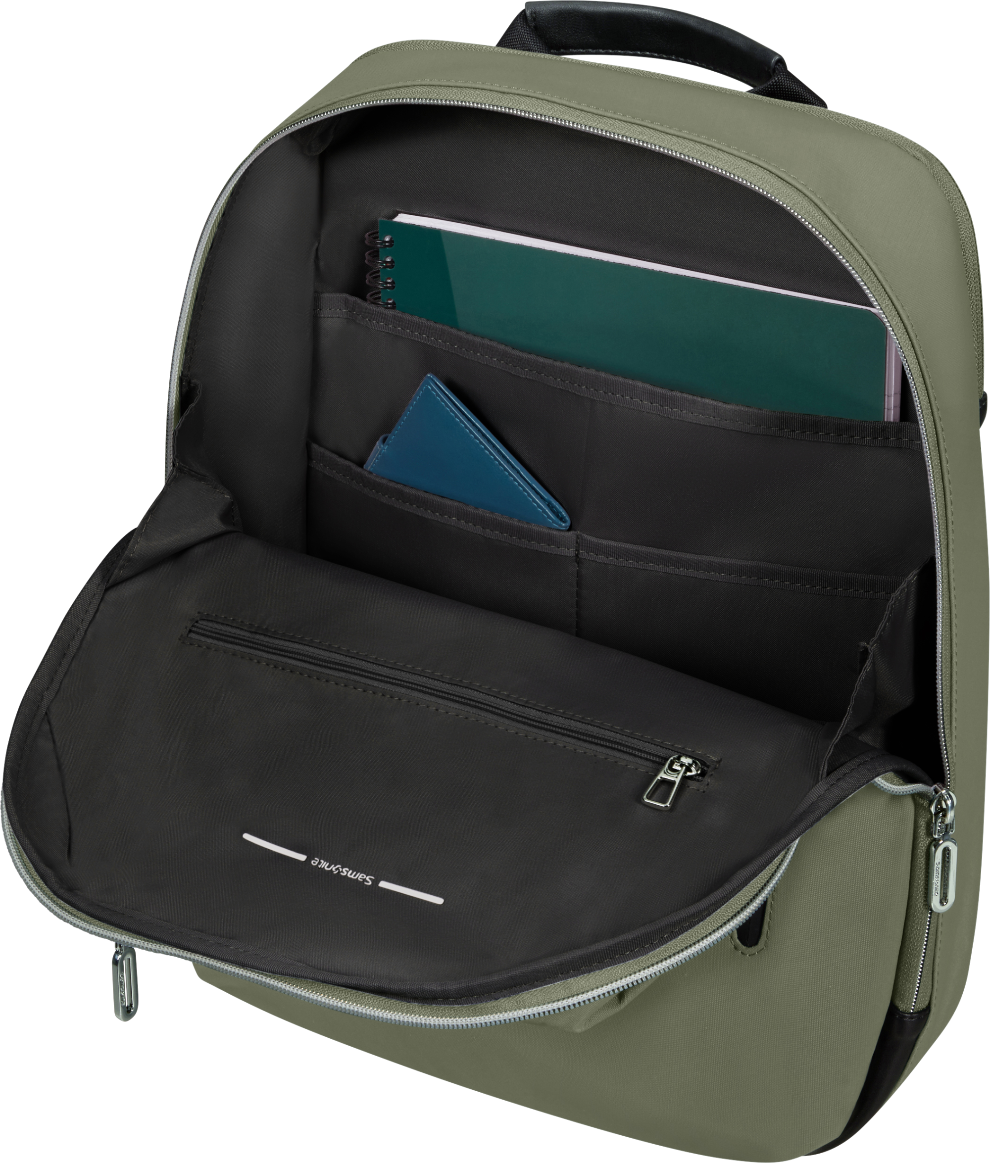 Grüner Samsonite-Rucksack mit offenen Fächern, Notebook und Geldbörse.