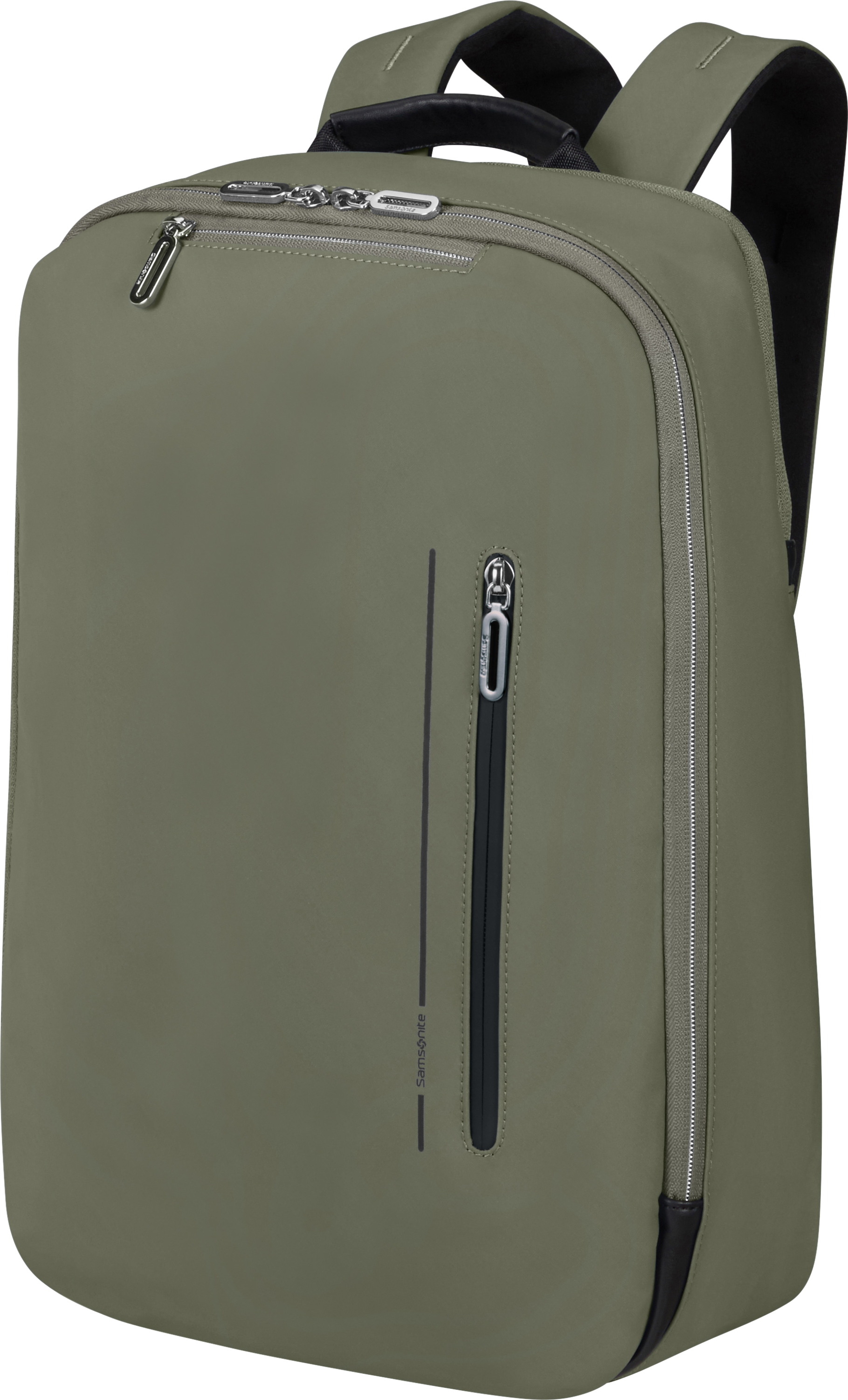Ein grüner Rucksack mit schwarzem Riemen und Reißverschluss.