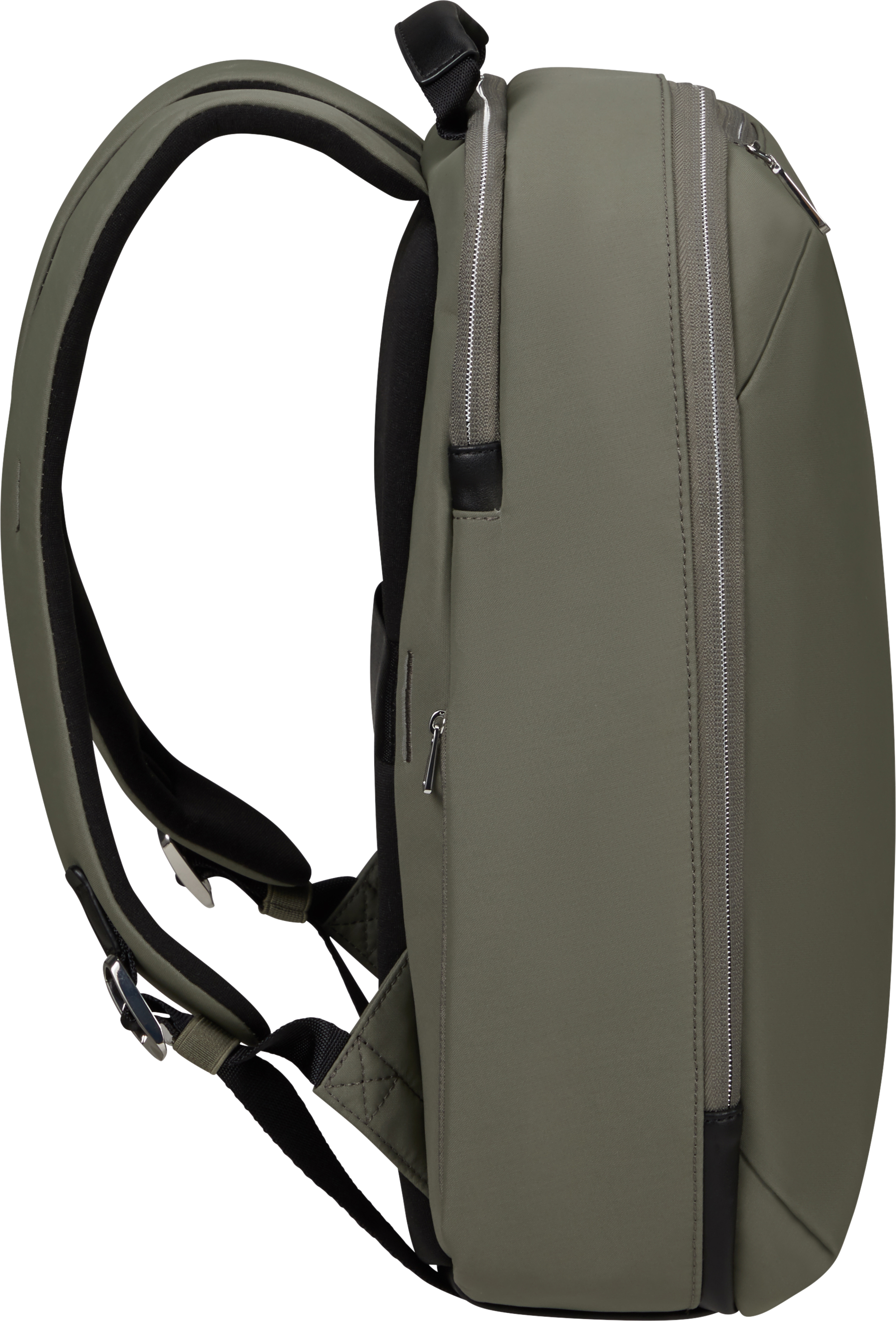 Seitenansicht eines olivgrünen Rucksacks mit Reißverschlüssen.