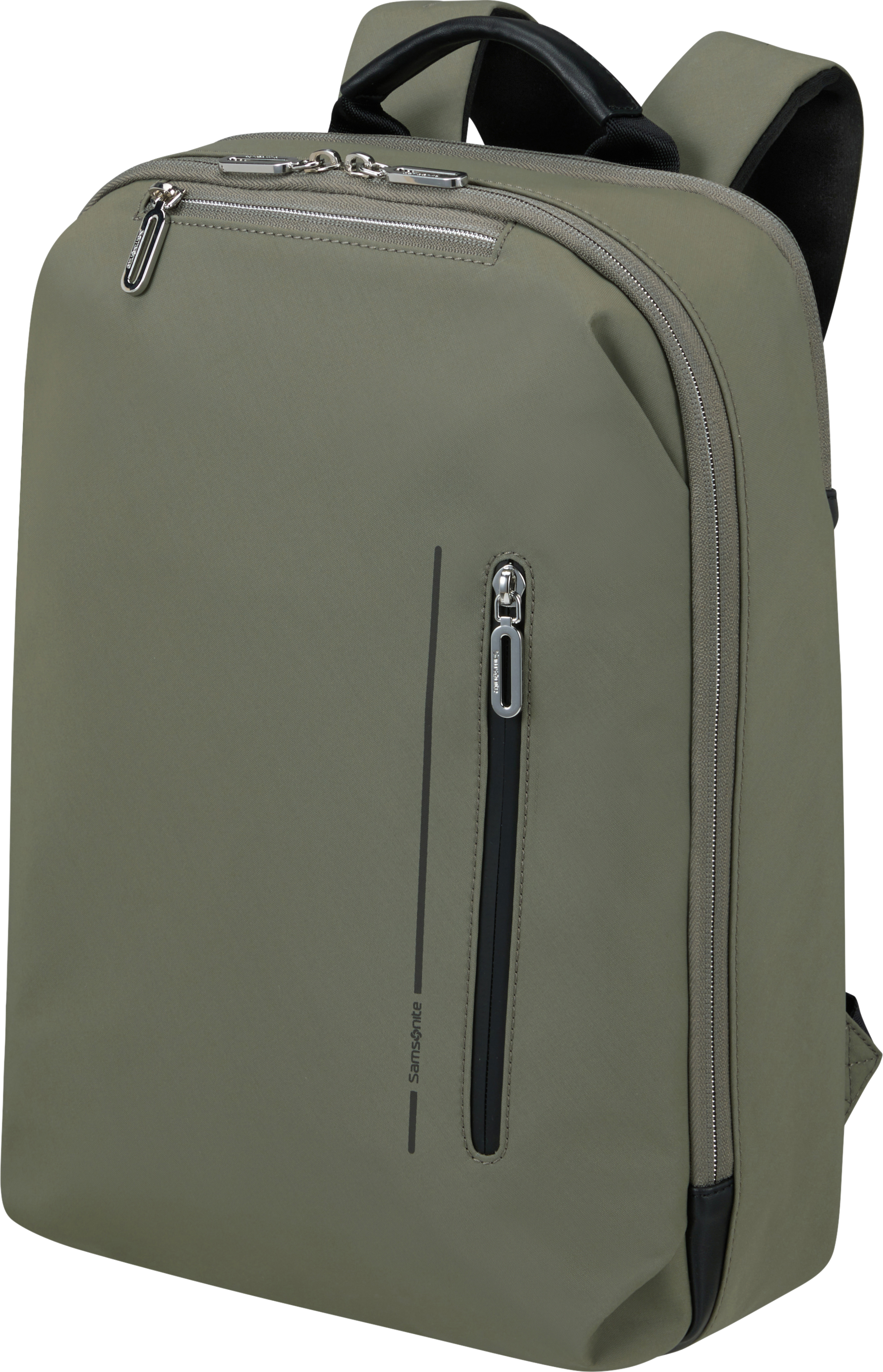 Grüner Samsonite Rucksack mit schwarzen Reißverschlüssen und einem schwarzen vertikalen Streifen.