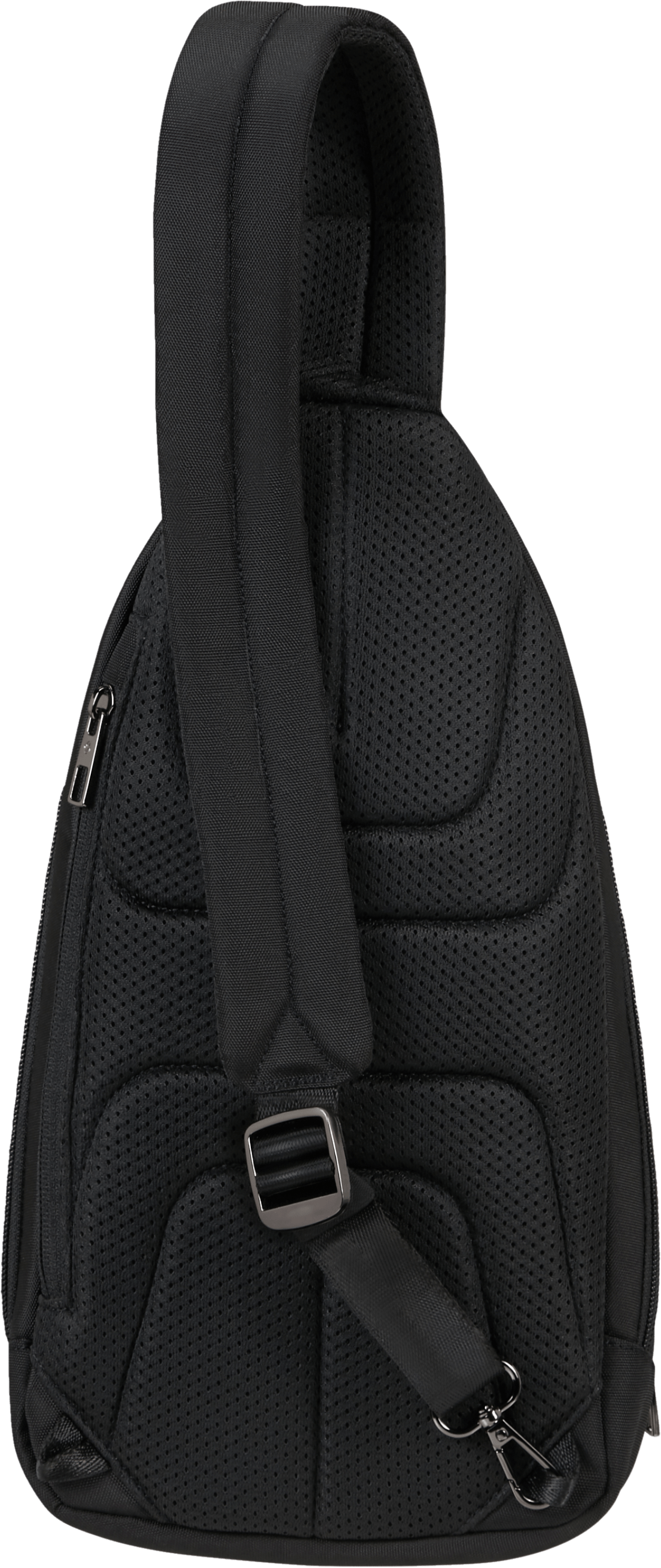 Rückseite eines schwarzen, ergonomischen Rucksacks mit gepolstertem Gurt und Reißverschluss.
