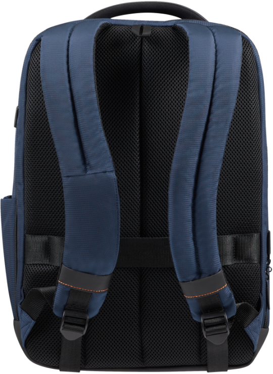 Rückansicht eines marineblauen Rucksacks mit Mesh und Trägern.