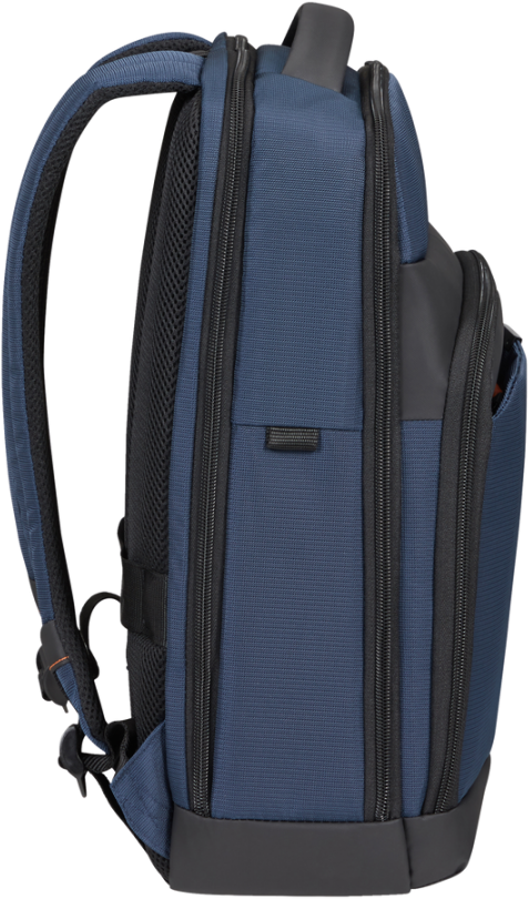 Blauer und schwarzer Rucksack mit mehreren Reißverschlussfächern, von der Seite gesehen.