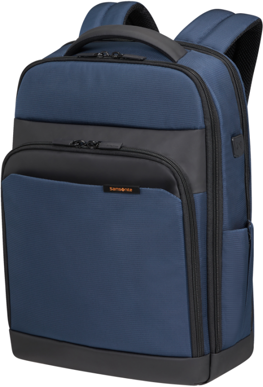 Blau-schwarzer Samsonite-Rucksack, Vorderansicht. Schwarzer Griff und Reißverschluss, graues Samsonite-Logo.