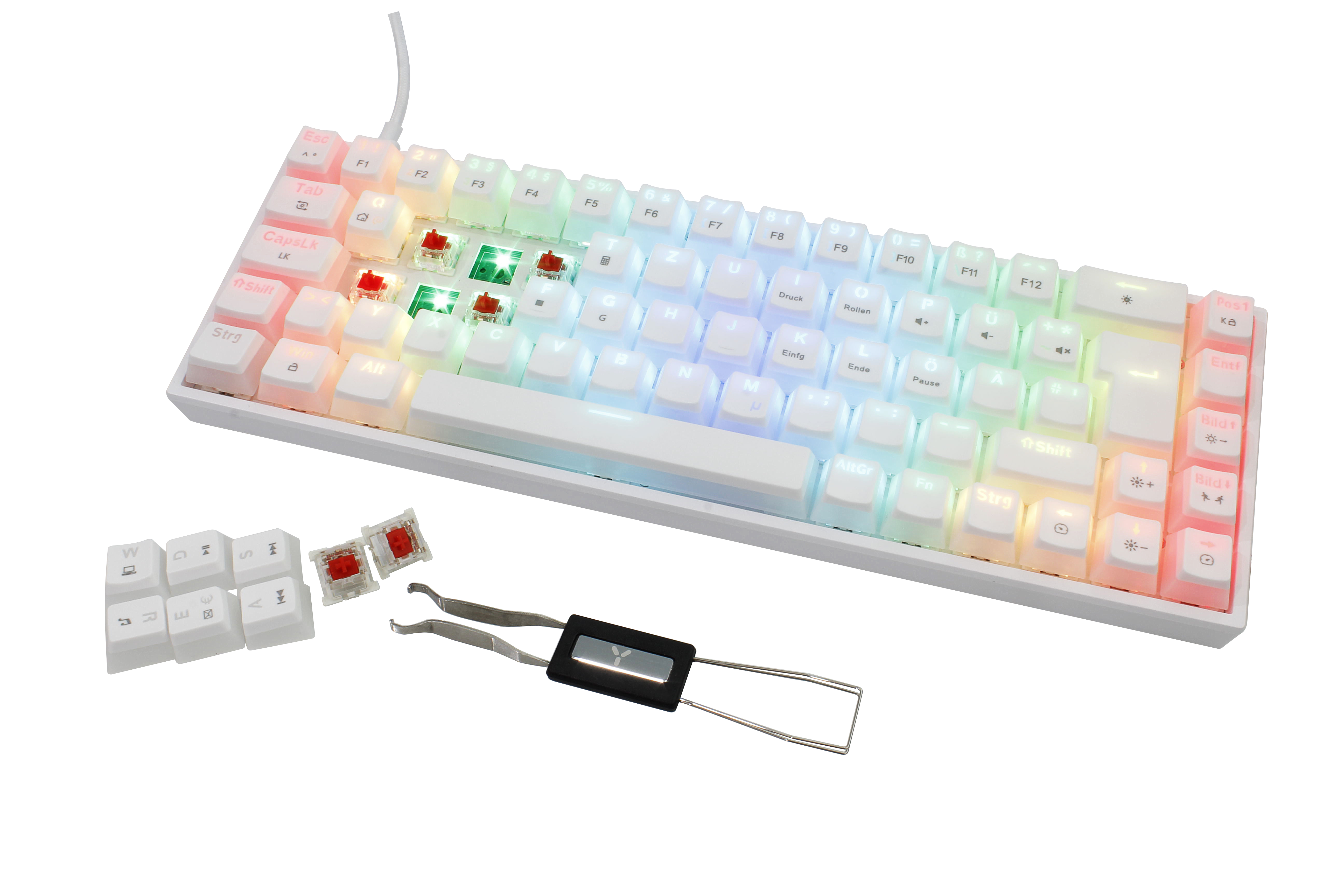 Weiße Tastatur mit Regenbogen-Tasten und roten Schaltern. Außerdem Keycaps und ein Werkzeug.
