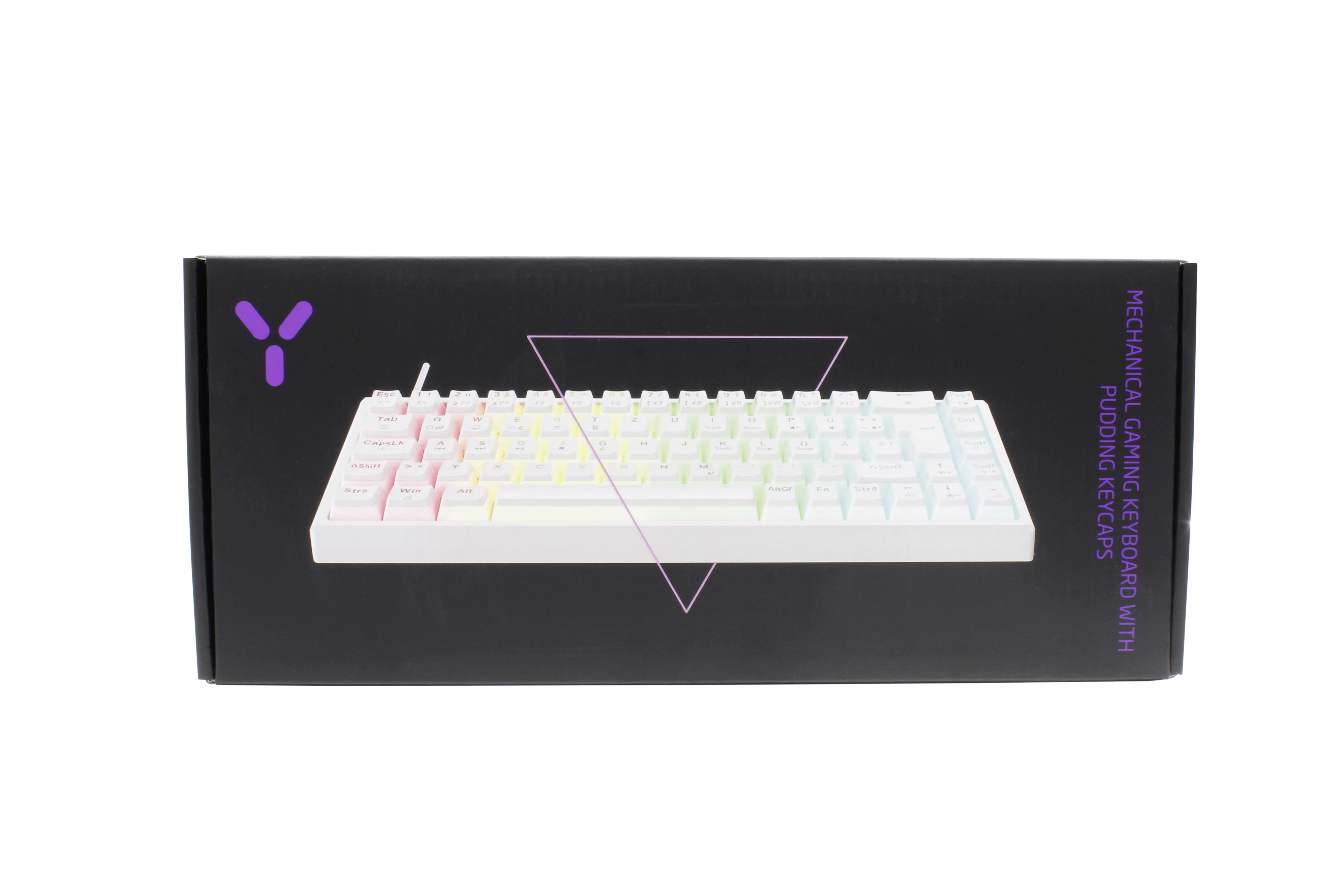 Tastaturbox, weiße Tastatur innen mit Regenbogen-Tasten, mechanische Gaming-Tastatur.