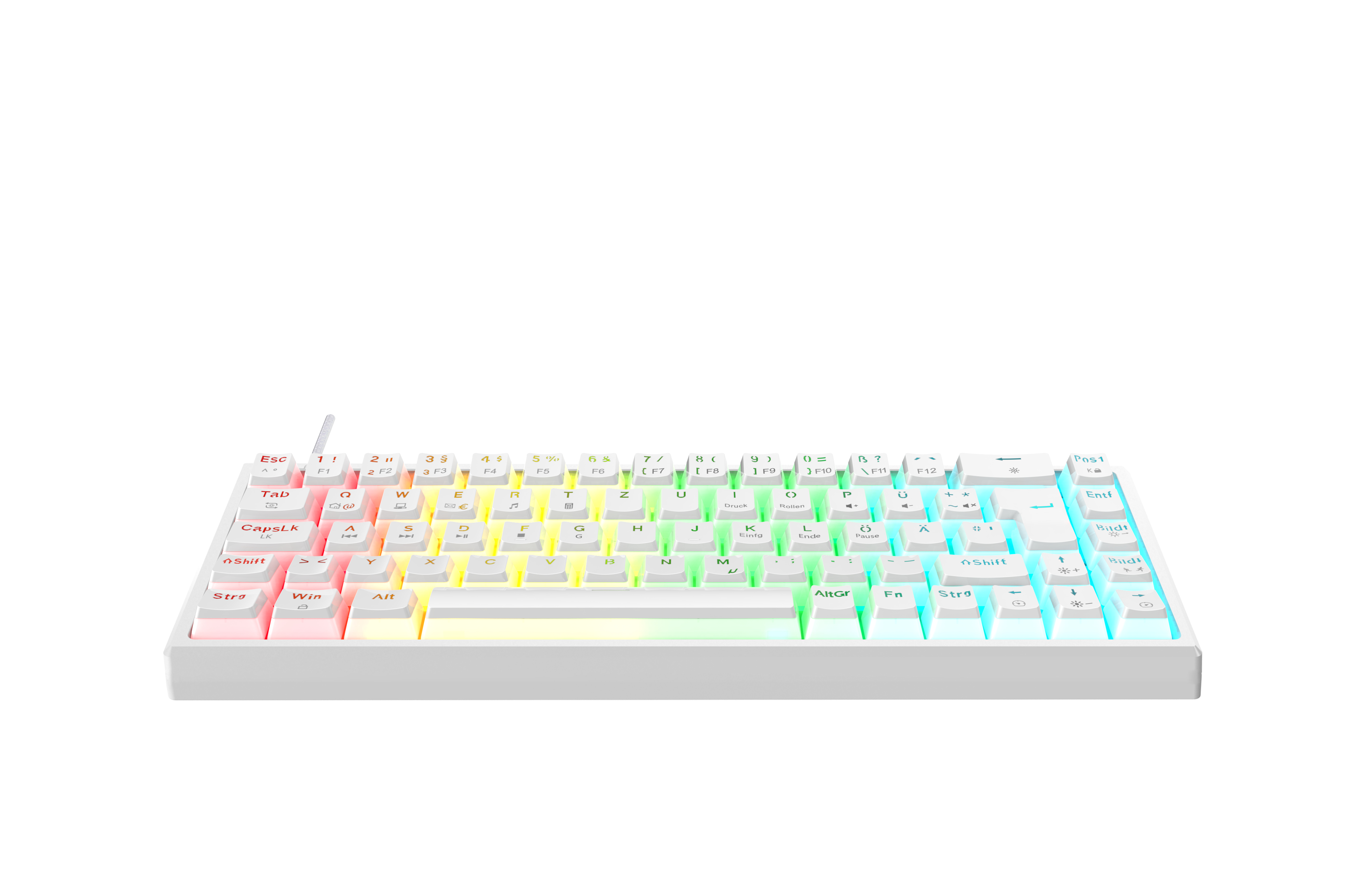 Weiße Tastatur mit farbigen Tasten, weißer Hintergrund. Die Tastatur hat verschiedene Tasten.