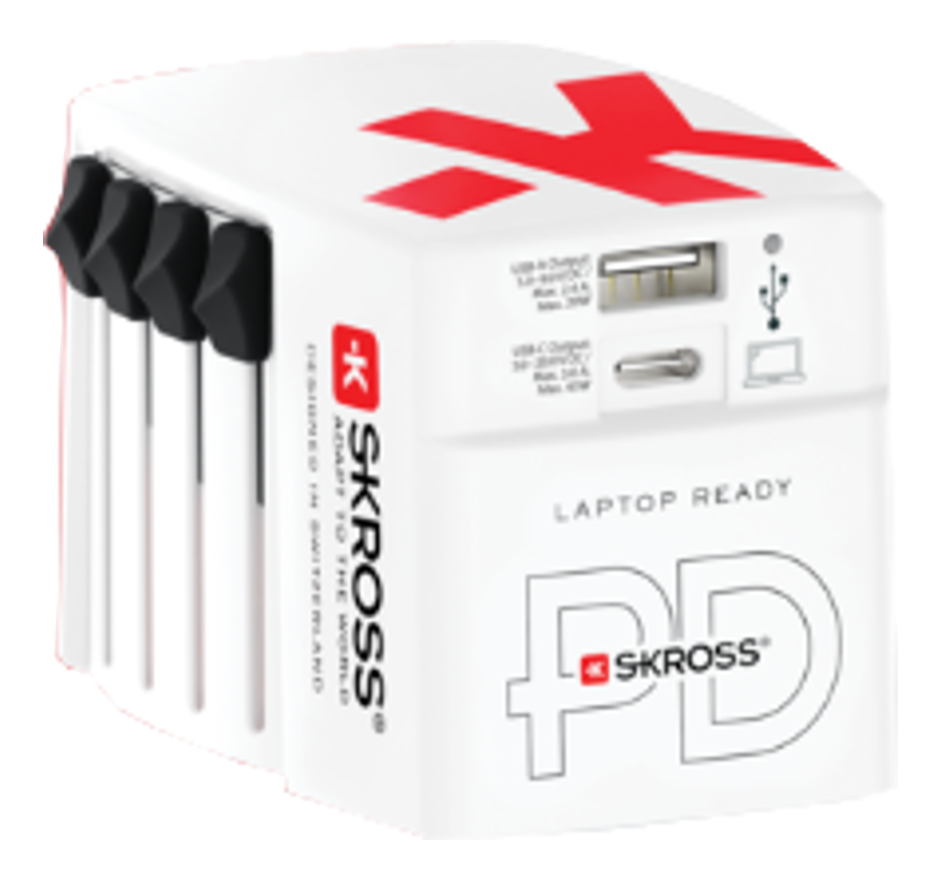 Weißer und roter Skross-Adapter mit mehreren Steckeroptionen und USB-Anschlüssen, beschriftet 'Laptop Ready'.