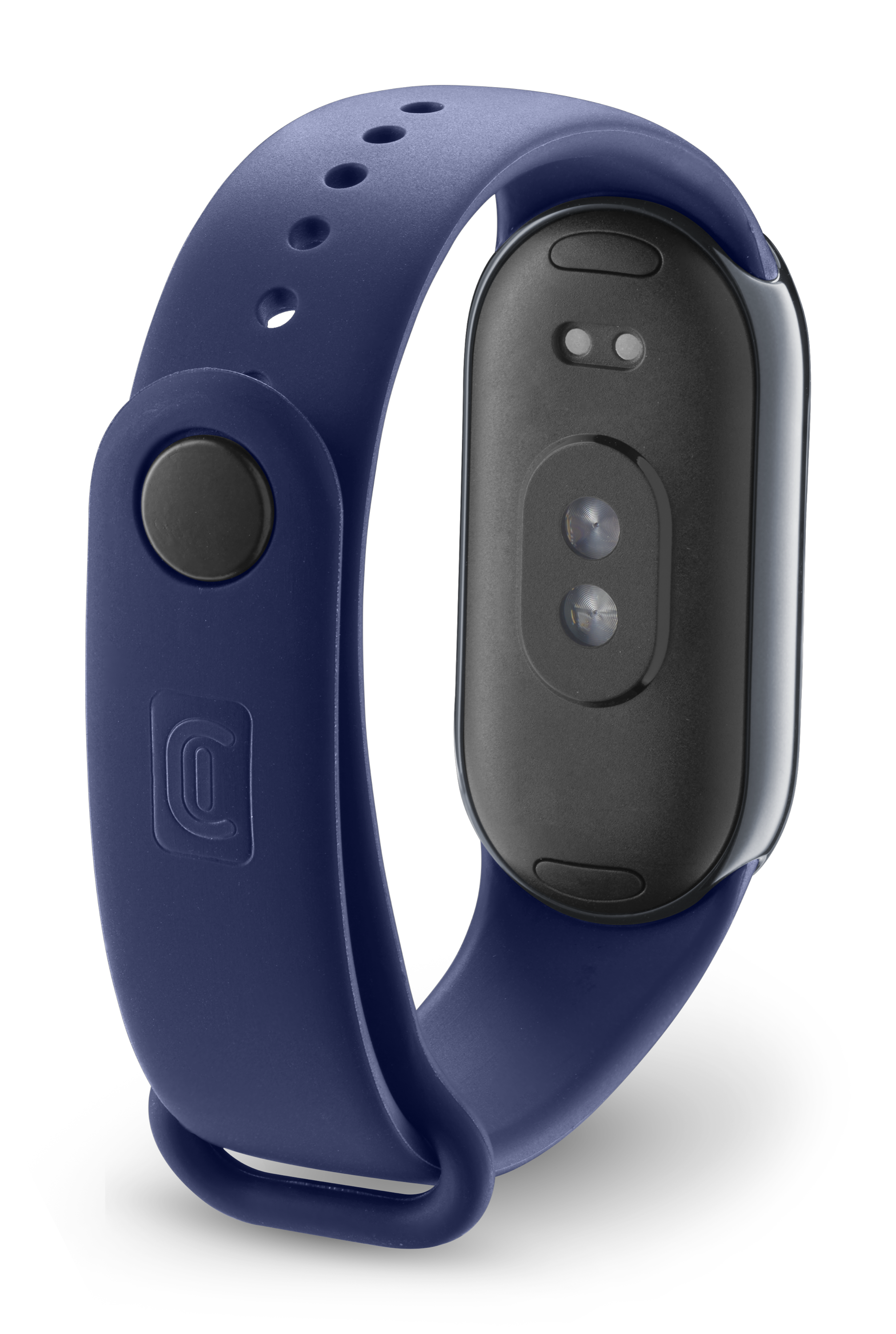 Una correa de reloj inteligente azul marino con cierre y esfera negros.