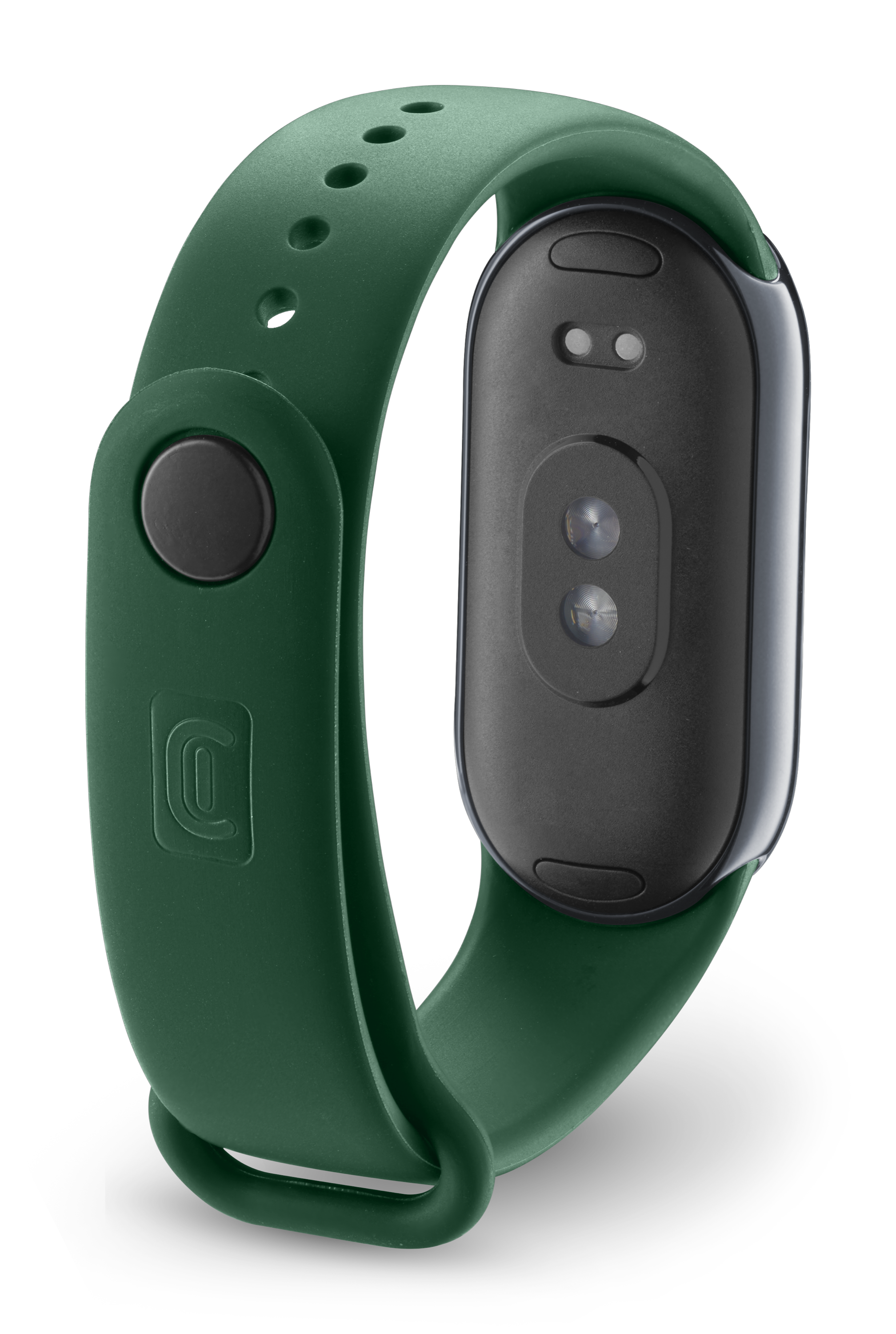 Primer plano de una pulsera inteligente verde. La parte trasera tiene sensores y puntos de carga. La pulsera es verde.