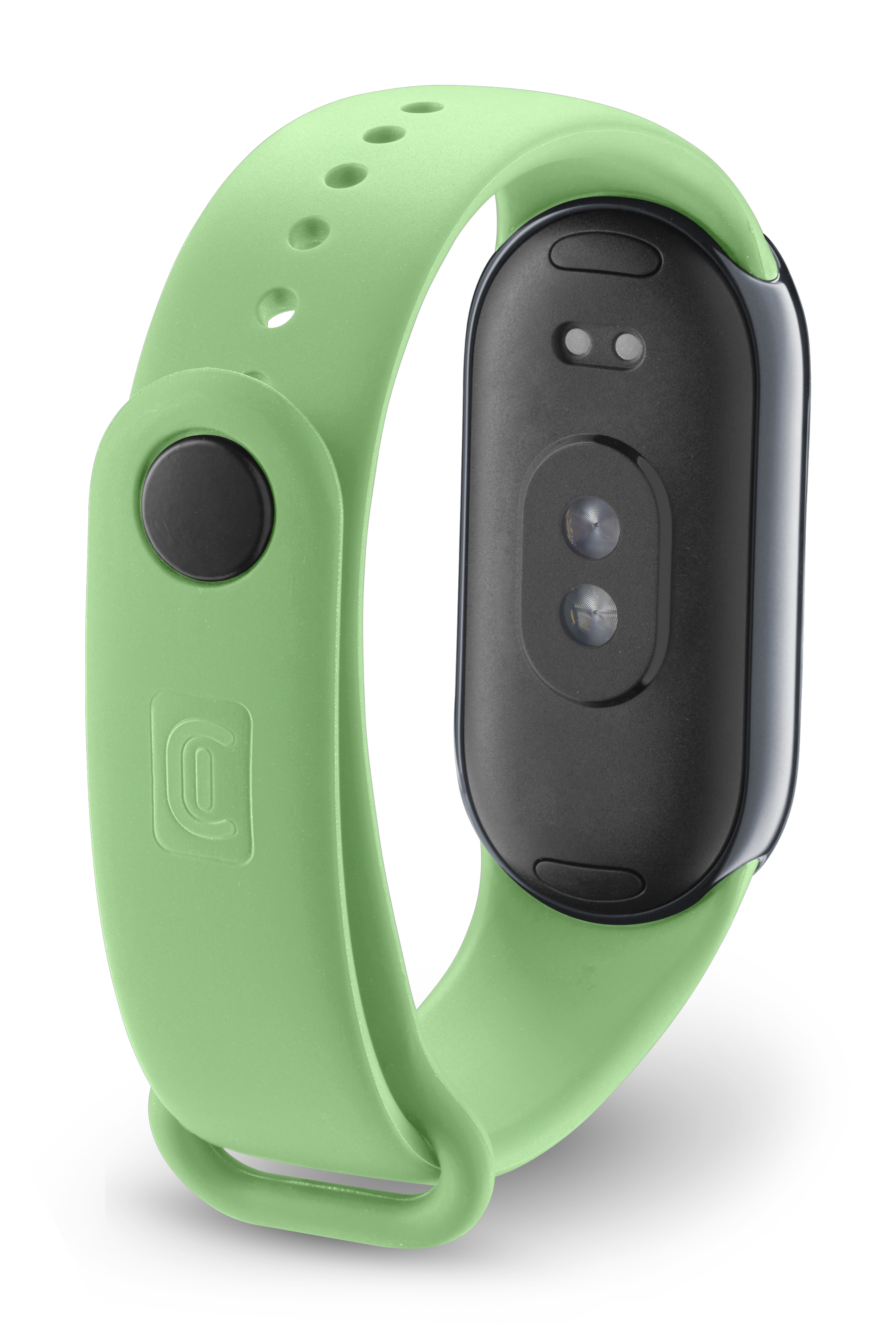 Una banda inteligente verde con un área de sensor negro.