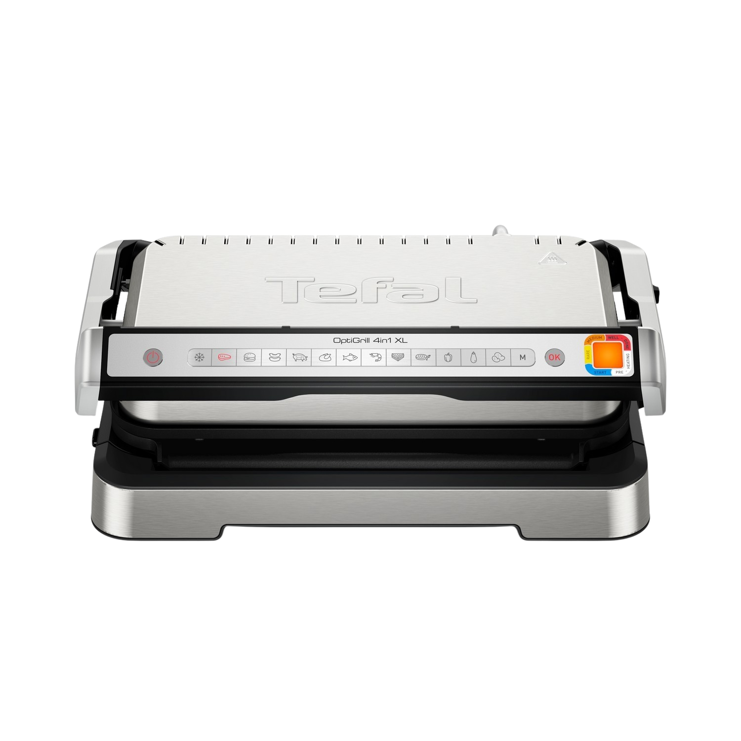 Tefal OptiGrill 4in1 XL, gesloten. Zilver en zwart. Bedieningspaneel aan de voorkant. Zwarte achtergrond.
