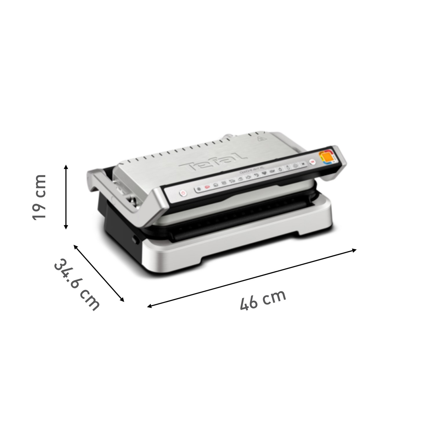 Tefal grill met afmetingen: 19cm hoog, 34,6cm breed, 46cm lang.