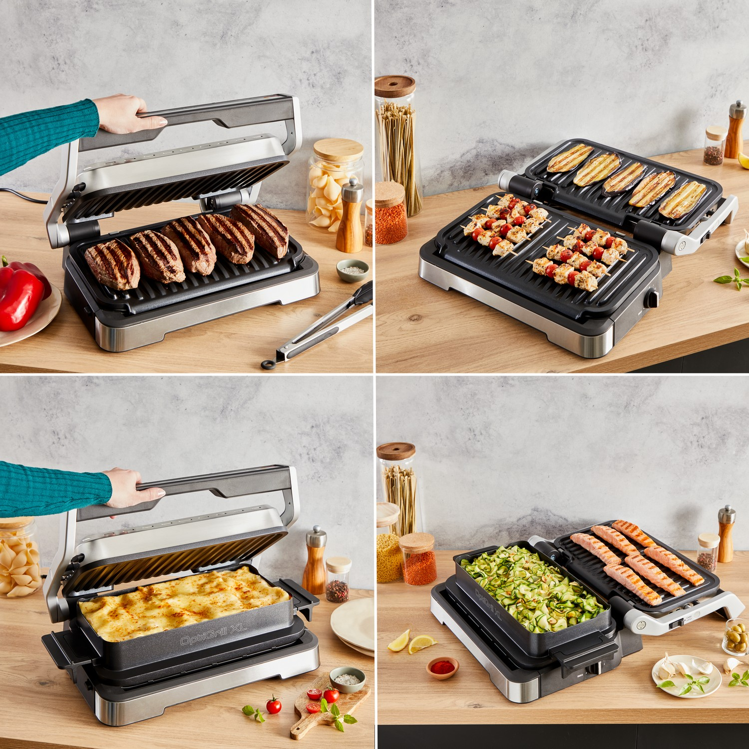 Vier afbeeldingen van een OptiGrill, die verschillende voedingsmiddelen grilt, zoals sandwiches en worstjes.