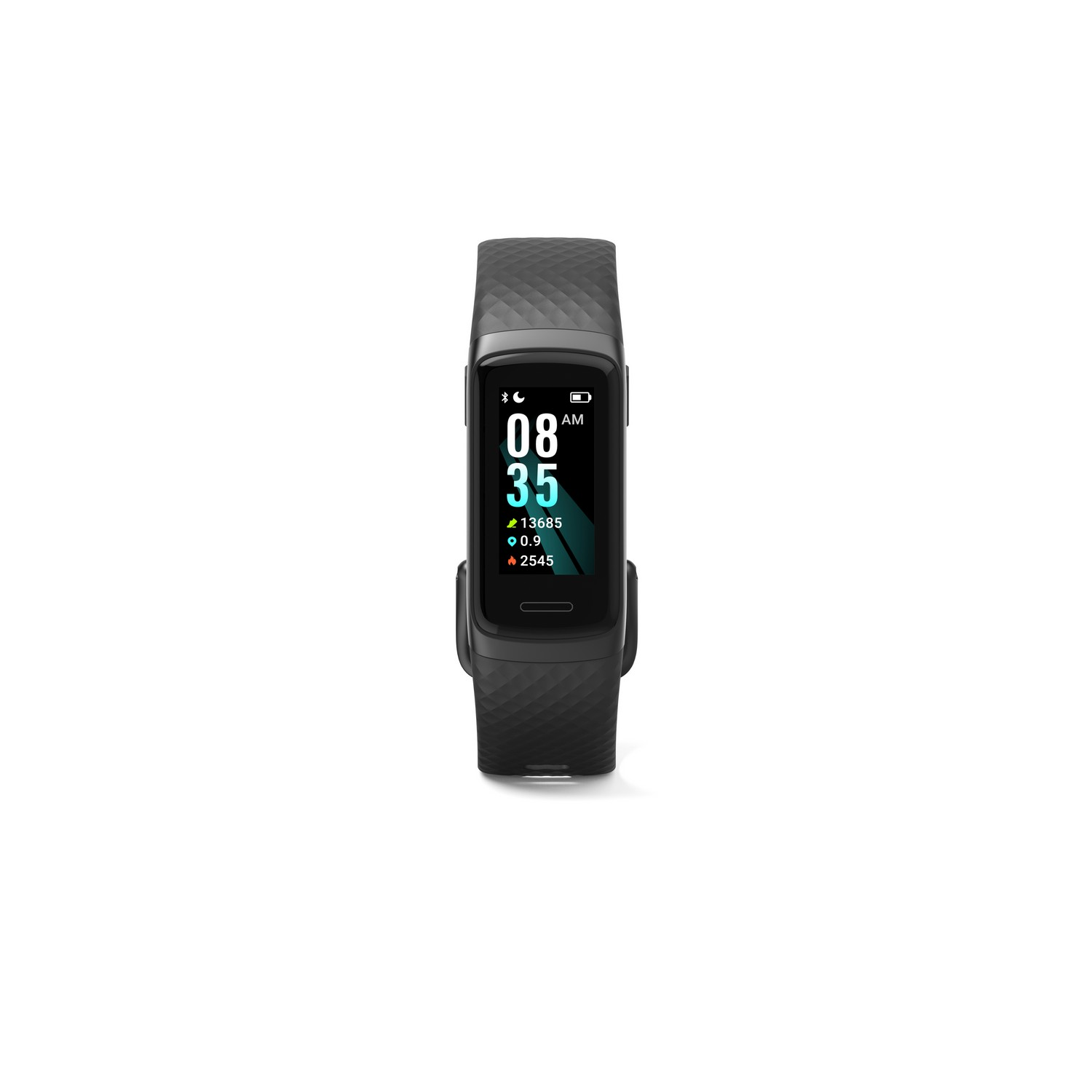 Tracker de fitness noir affichant l'heure et les métriques sur fond blanc.