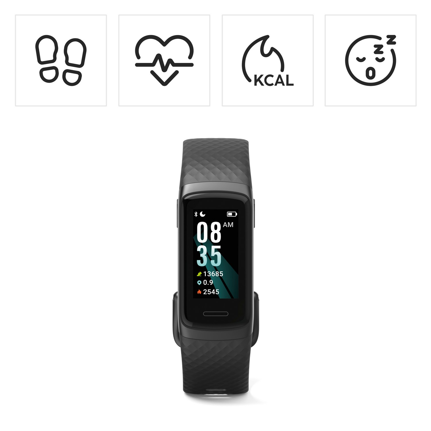 Smartwatch avec icônes pour pas, cœur, calories et sommeil.