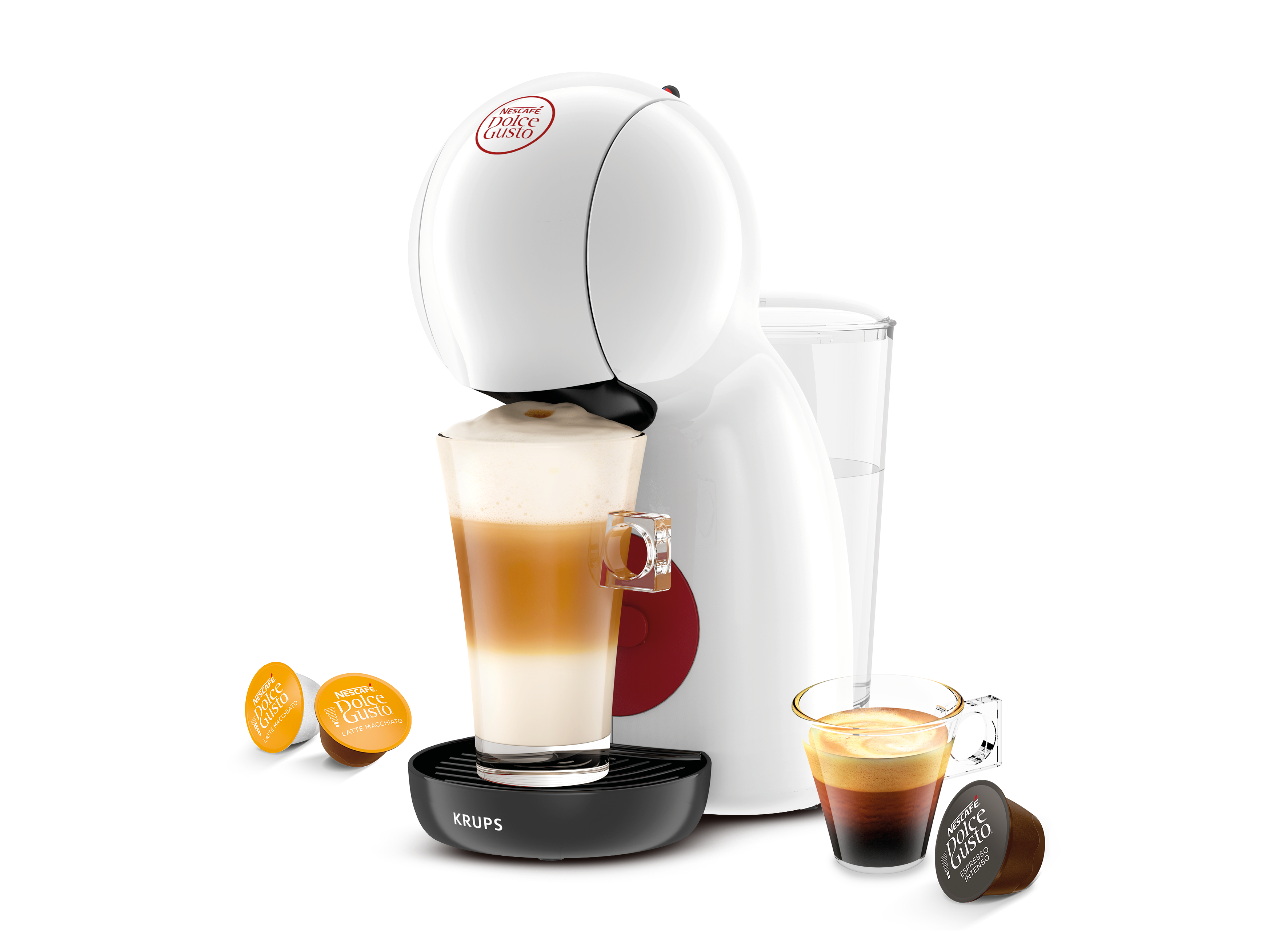 Weiße Krups Dolce Gusto Kaffeemaschine. Enthält ein Glas mit Latte und eine Tasse Espresso.