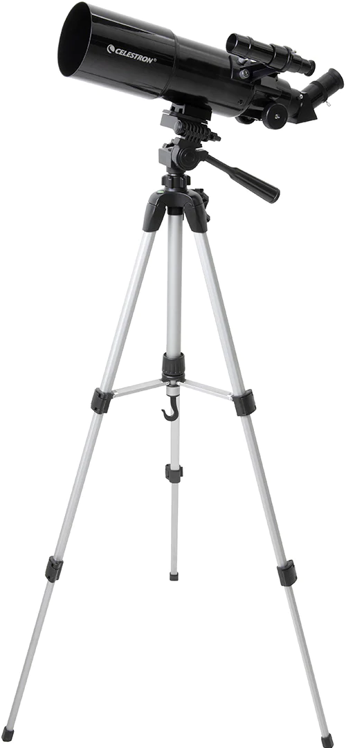 Schwarzes Teleskop auf Stativ mit Sucherfernrohr. Silberne Stativbeine, schwarzes Rohr und Linse.
