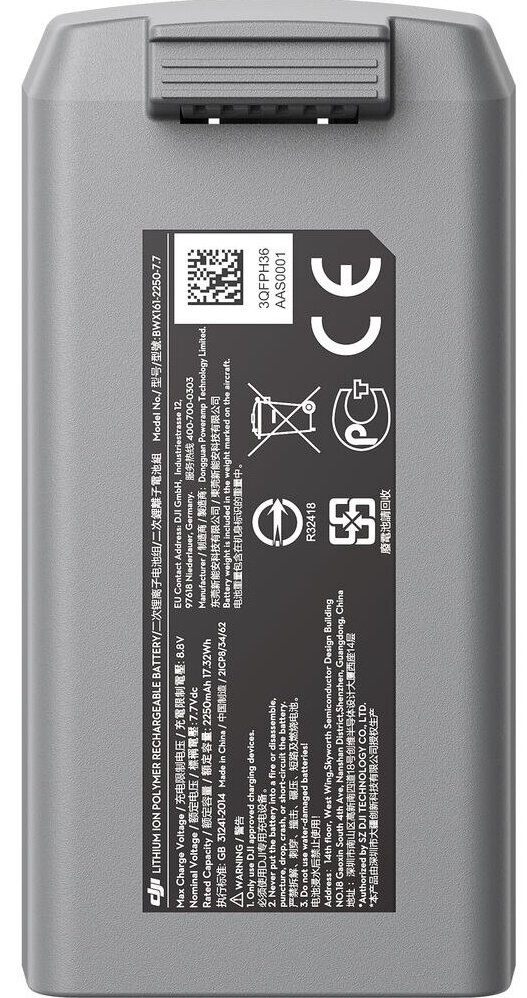 Szara bateria do drona DJI z etykietą, pokazującą specyfikacje i ostrzeżenia w wielu językach.