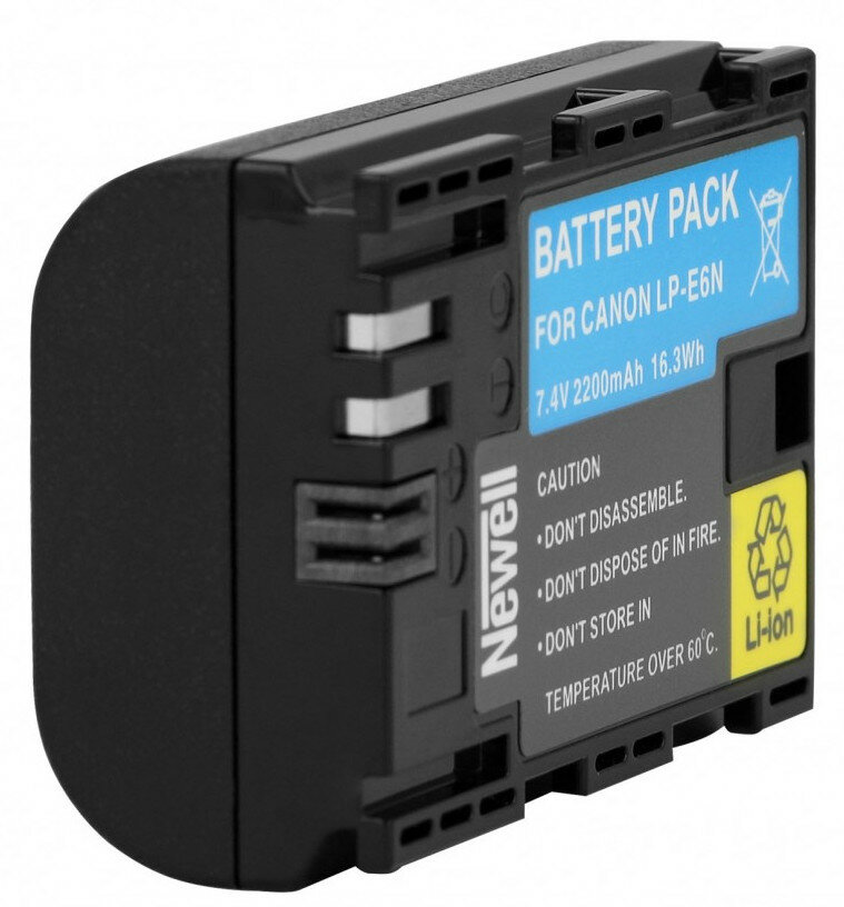 Czarny akumulator Newell do Canon LP-E6N. Tekst: Akumulator, 7,4V 2200mAh 16,3Wh. Ostrzeżenia i symbol Li-ion.