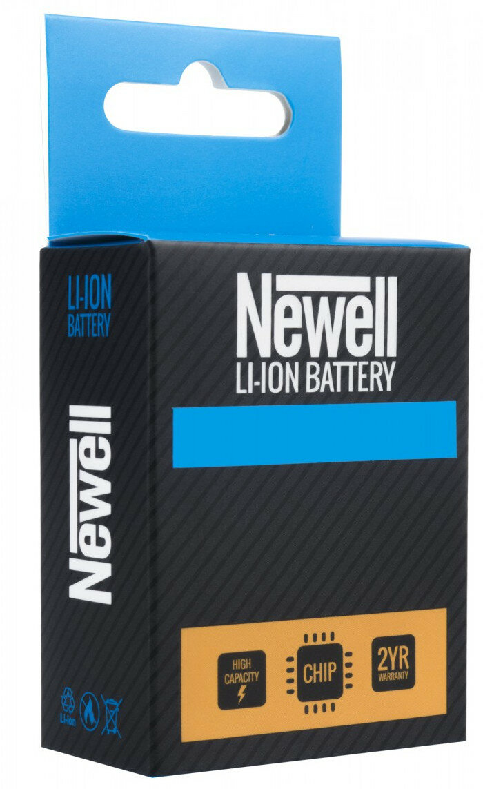Czarne pudełko na baterie Newell Li-ion z niebieskim paskiem i etykietą 2YR.