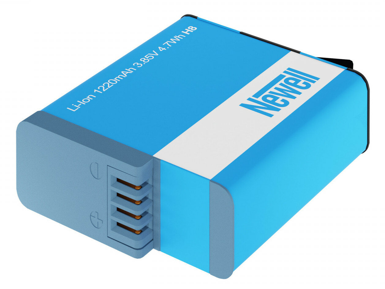 Niebiesko-biała bateria Newell. Pokazuje etykietę baterii ze specyfikacjami i logo Newell.