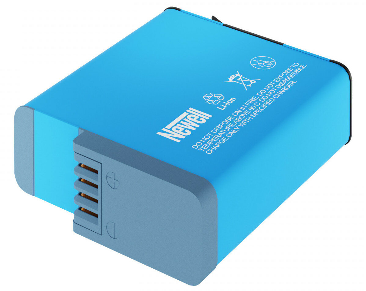 Jasnoniebieska bateria Newell z ostrzeżeniami.