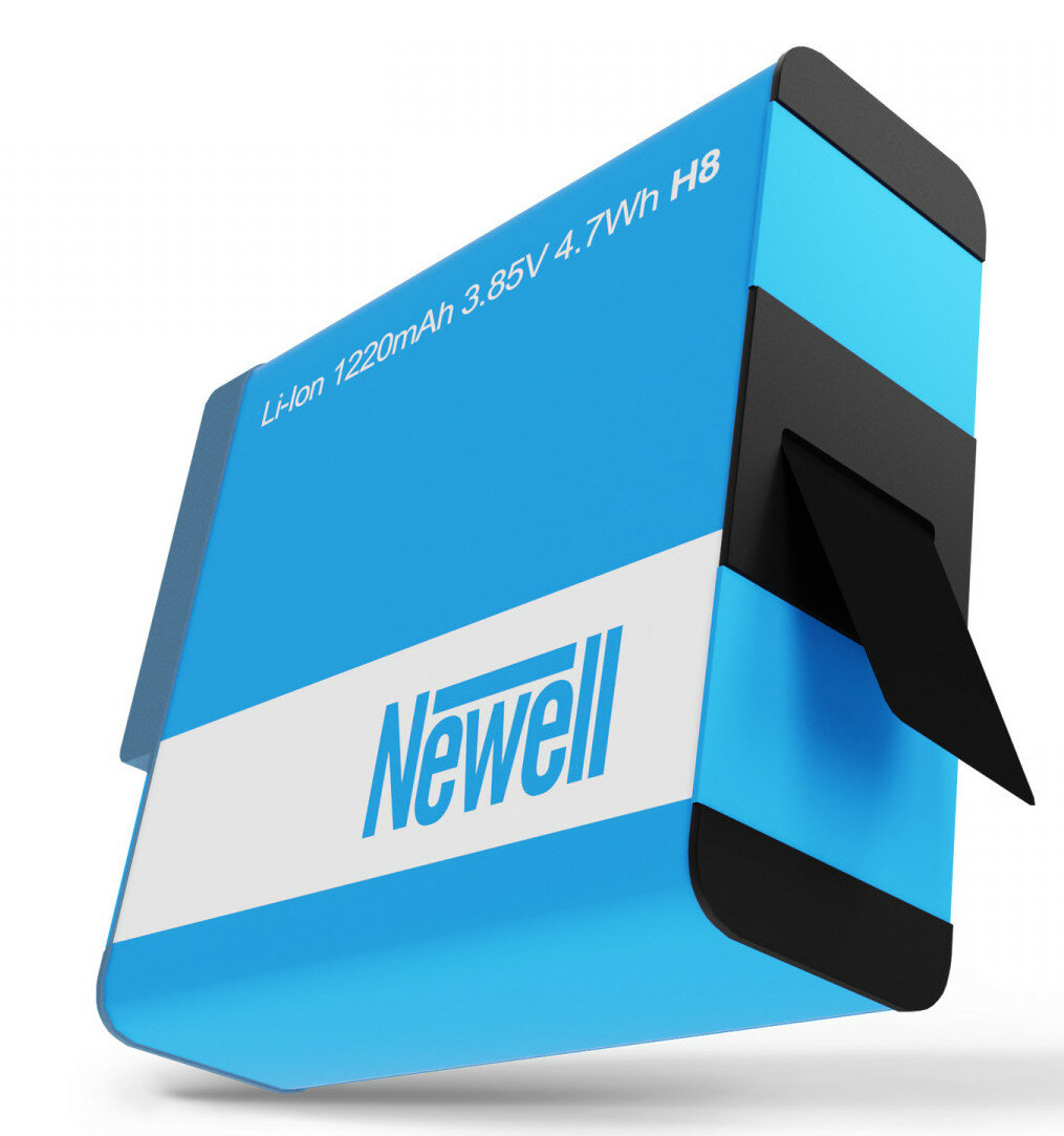 Niebiesko-biały zestaw baterii Newell. Bateria jest prostokątna z czarnym wspornikiem.