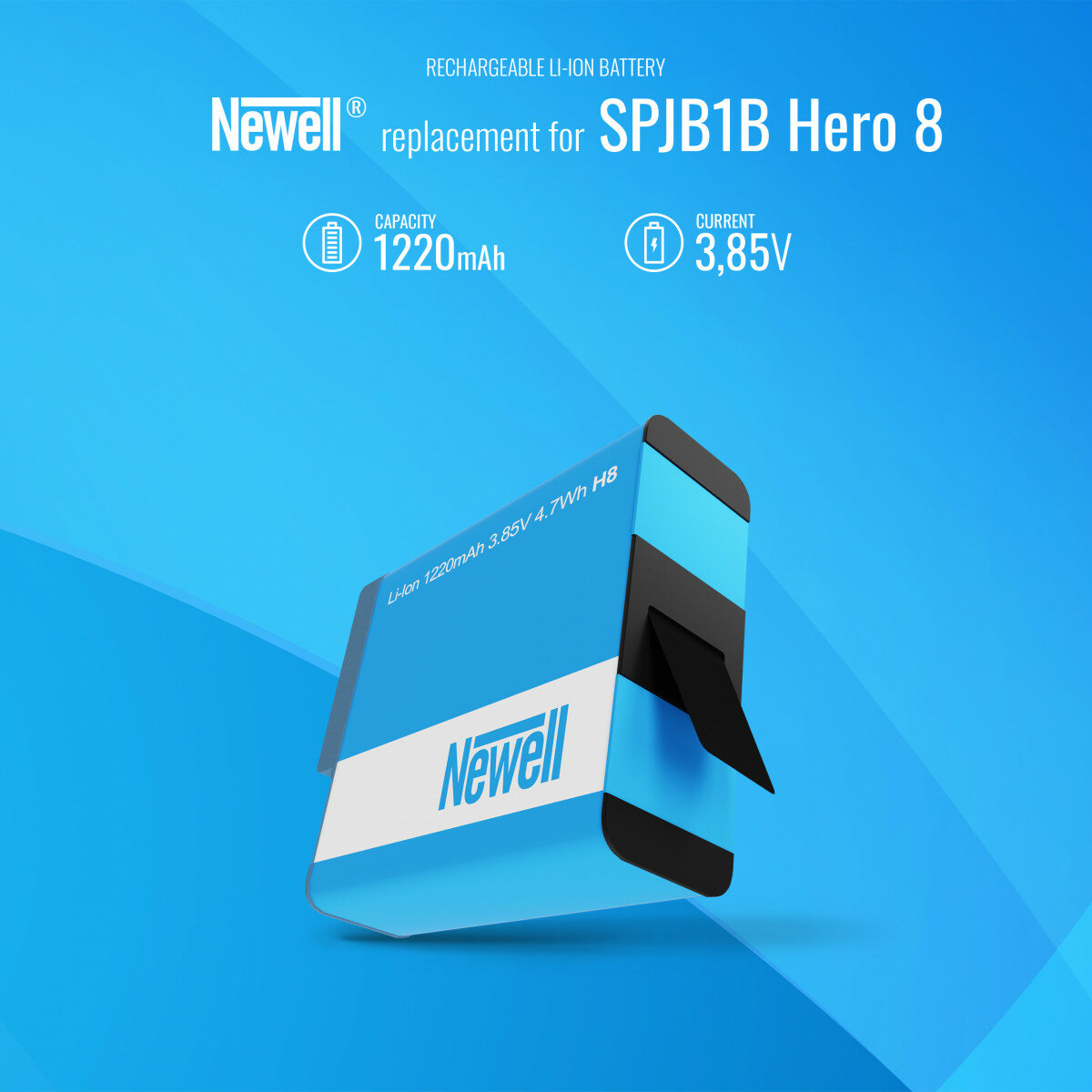 Niebiesko-biała bateria Newell Li-ion z informacjami o pojemności i napięciu.