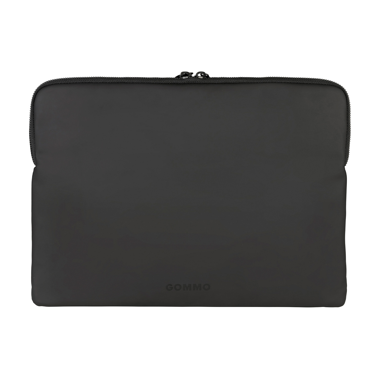 Custodia nera per laptop con cerniera. La custodia è rettangolare e ha un logo GOMMO.