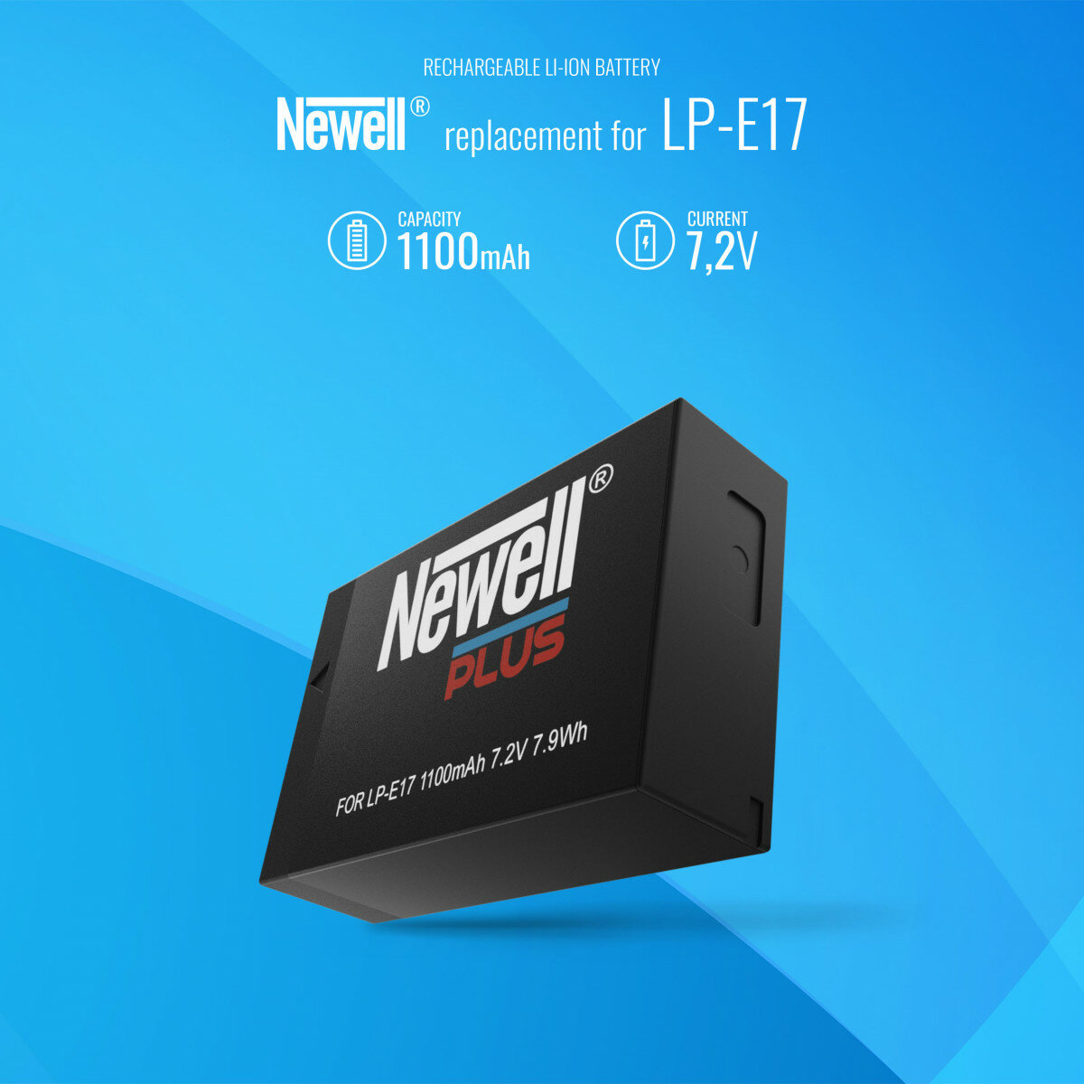Czarny akumulator Newell z napisem 'Newell PLUS' i specyfikacjami na niebieskim tle.