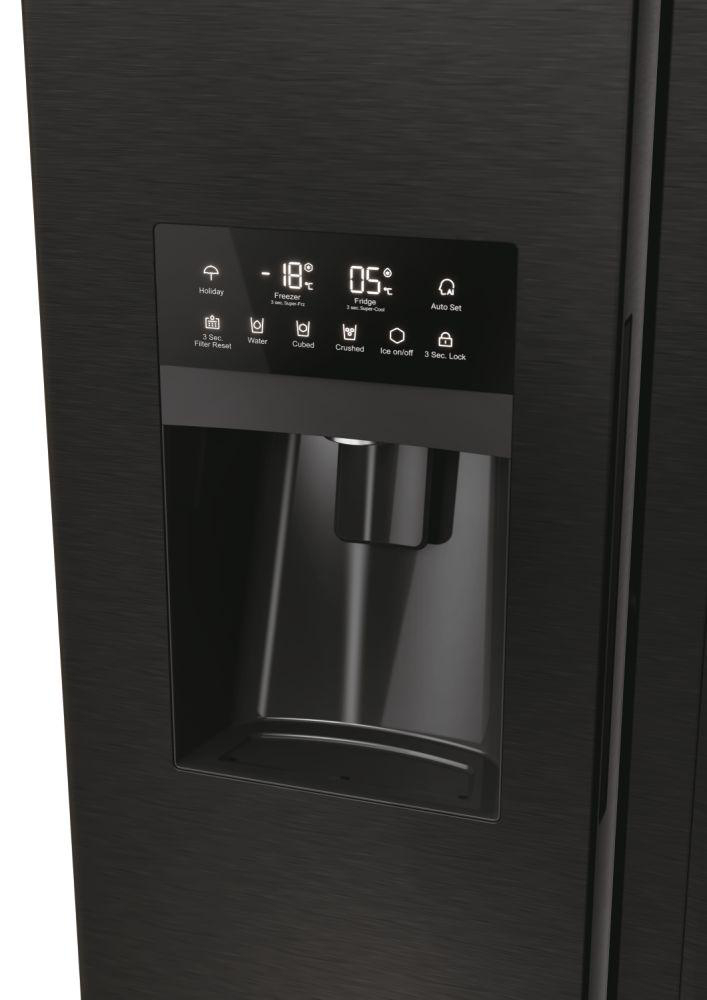 Schwarzer Kühlschrank mit Display: -18°C Gefrierfach, 5°C Kühlfach.