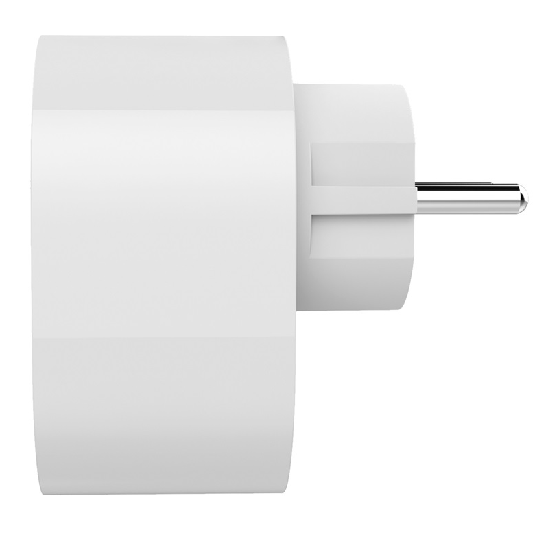 Fehér okos dugó, oldalnézet. Hengeres forma, jobbra nyúló dugaszolócsappal.