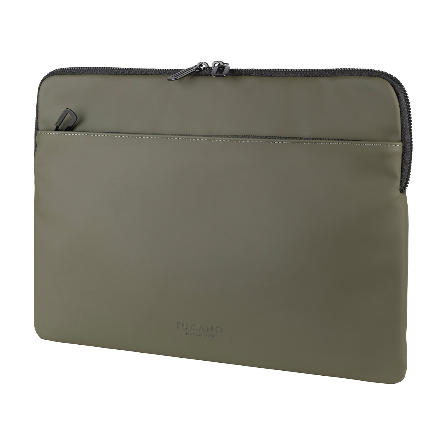Custodia per laptop Tucano verde oliva, con zip e tasca frontale.