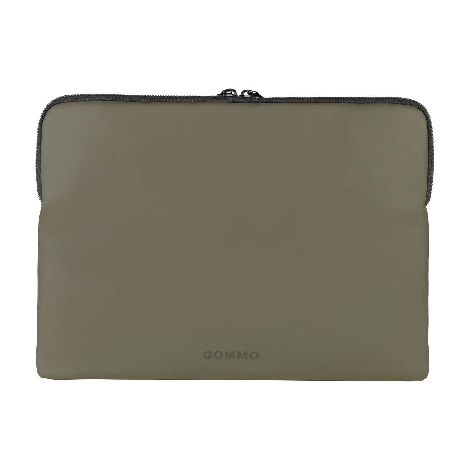Una custodia per laptop verde oliva con cerniera nera e la scritta 'GOMMO' stampata.