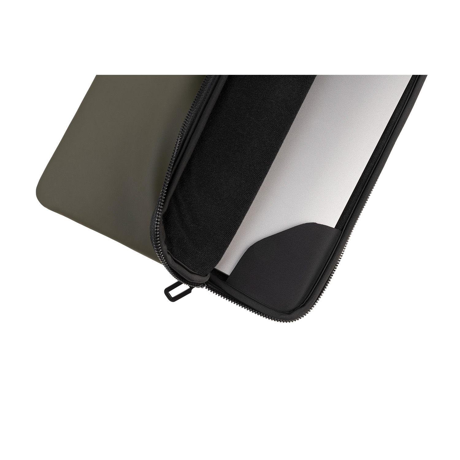 Una custodia per laptop, con un laptop parzialmente inserito all'interno.