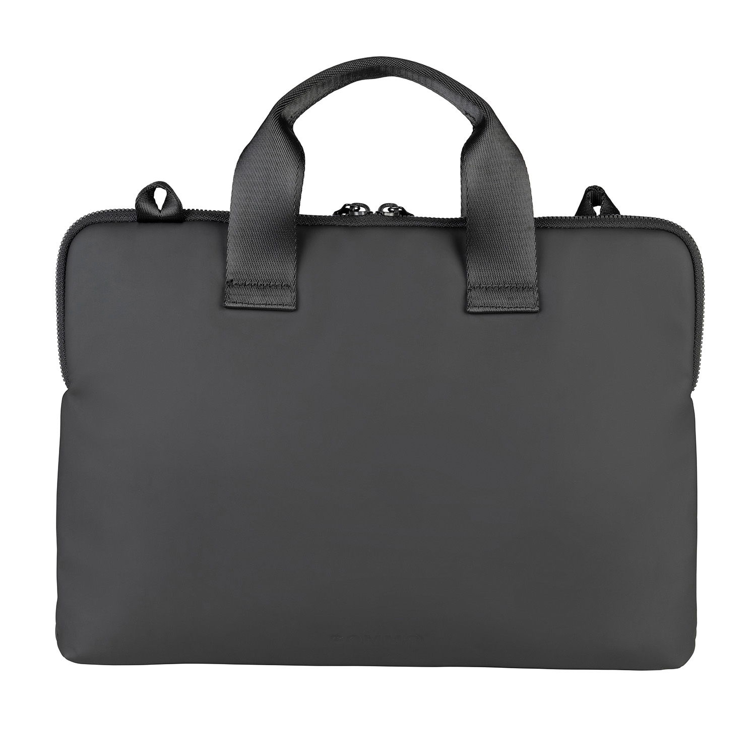 Eine schwarze Laptoptasche mit Griff und Reißverschluss.