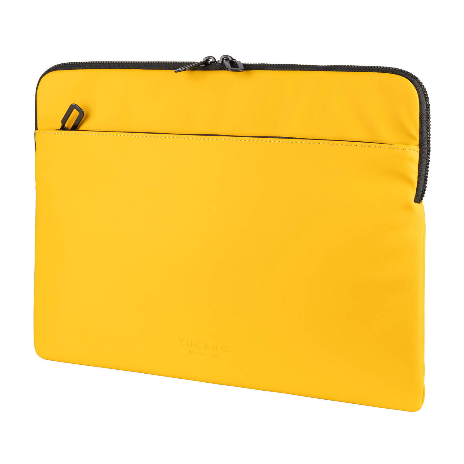 Una custodia per laptop rettangolare gialla con cerniera nera.