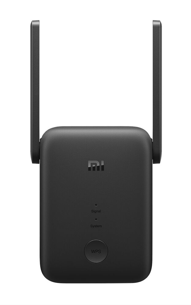Fekete Mi WiFi hatótávolság-növelő antennákkal. WPS gomb és jelzőfények láthatók.